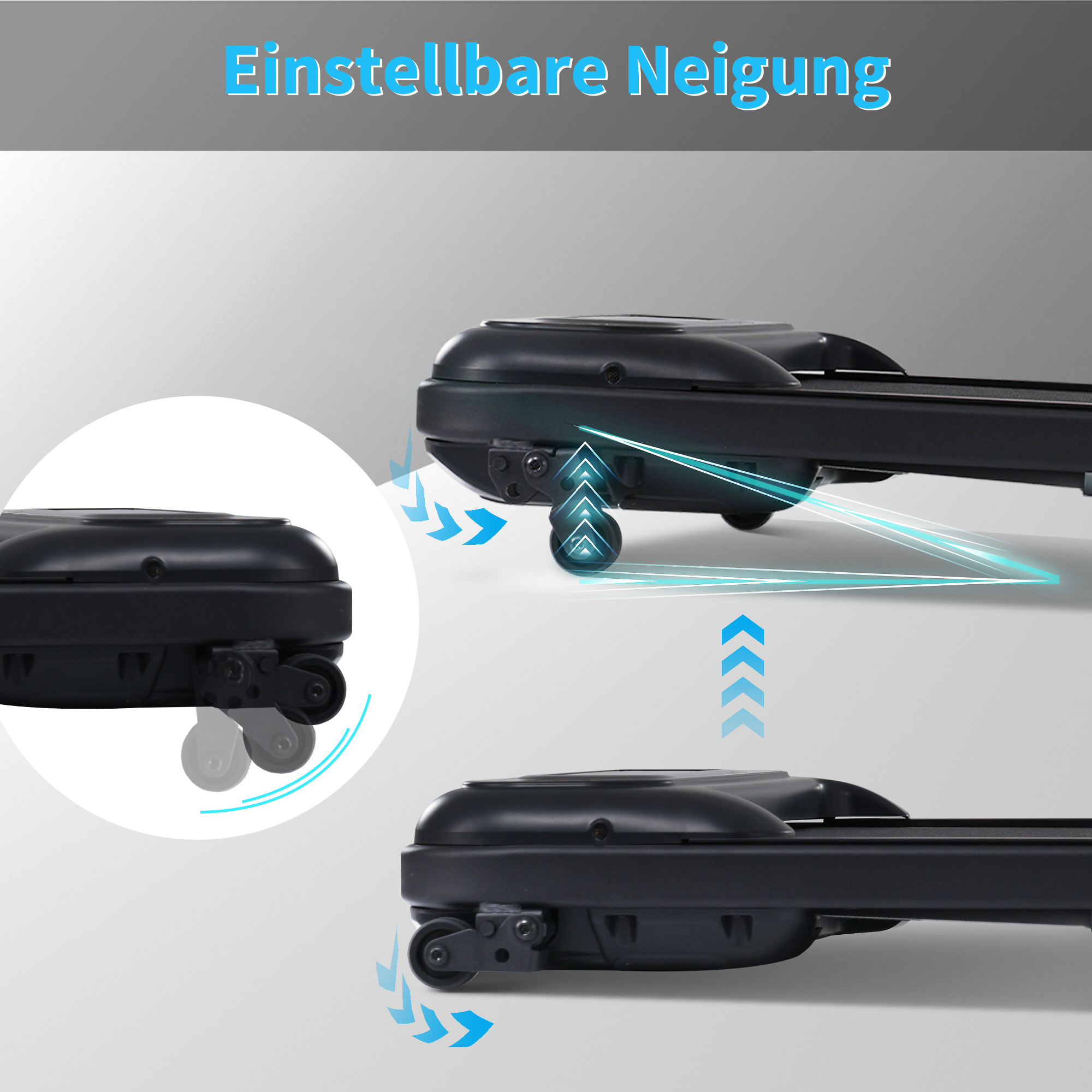 Schwarzer, verstellbarer Ständer mit Pfeilen, die die Winkeleinstellung anzeigen. Darüber steht das Wort 'Einstellbare Neigung'.