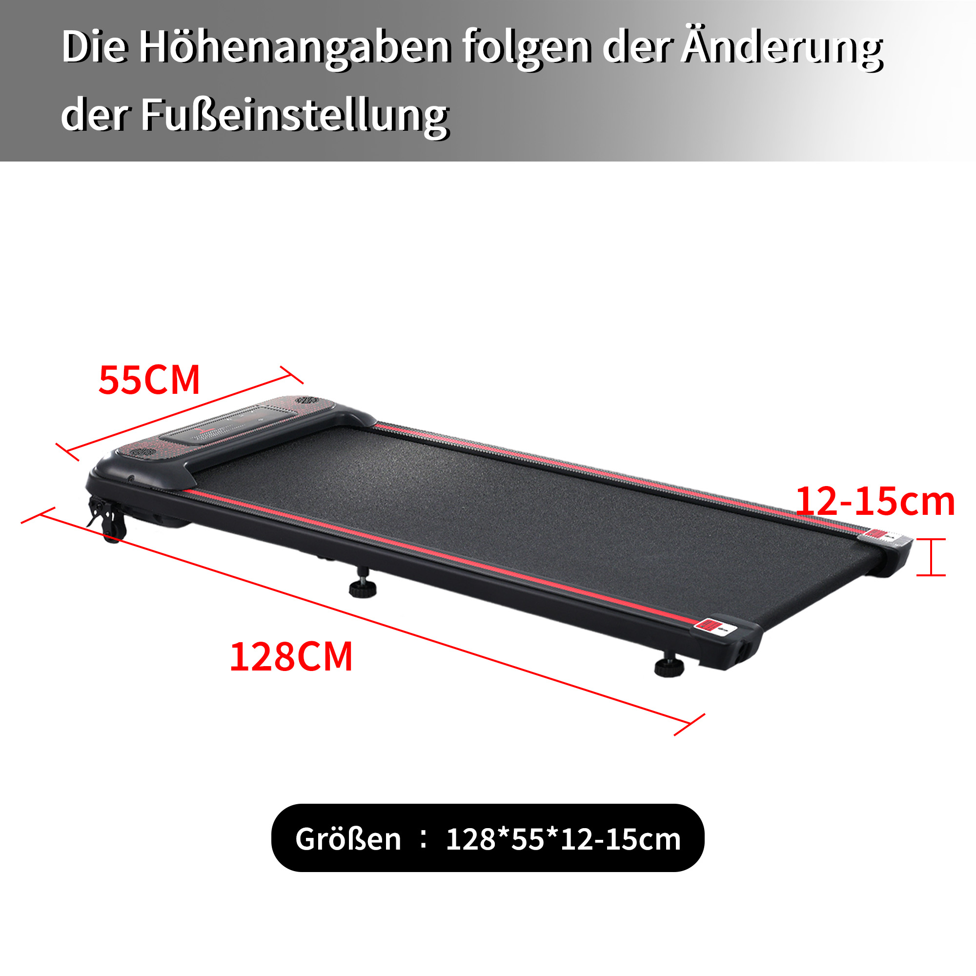 Laufband mit Text: Größen: 128 * 55 * 12-15 cm. Weißer Hintergrund.