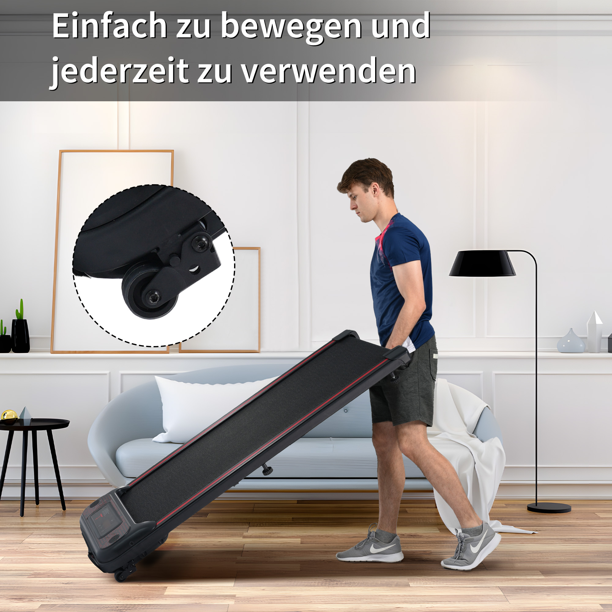 Ein Mann trägt ein zusammenklappbares Laufband. Es hat Räder. Text sagt: 'Einfach zu bewegen und jederzeit zu verwenden'.