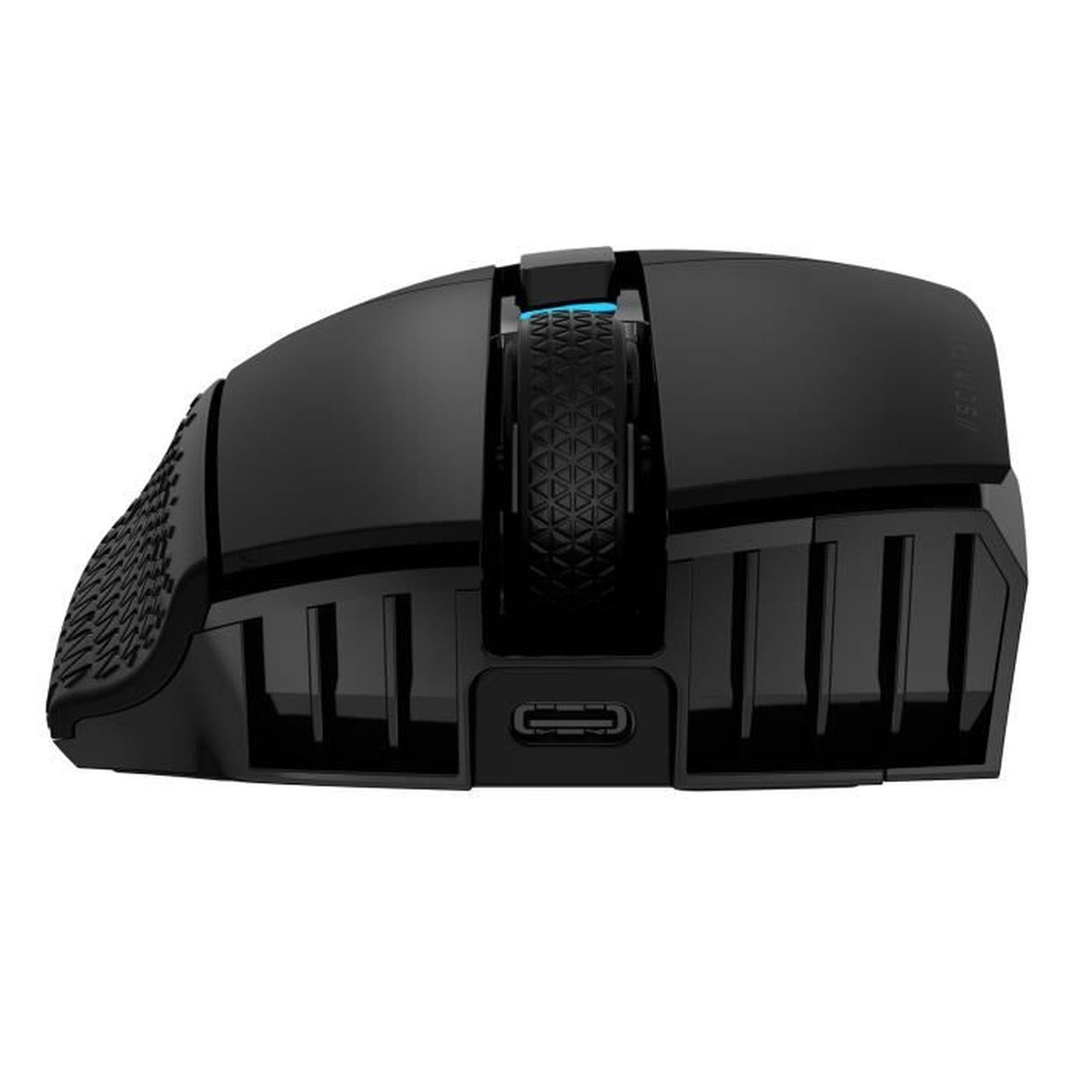 Black gaming mouse with a scroll wheel, side buttons, and USB port on a white background.