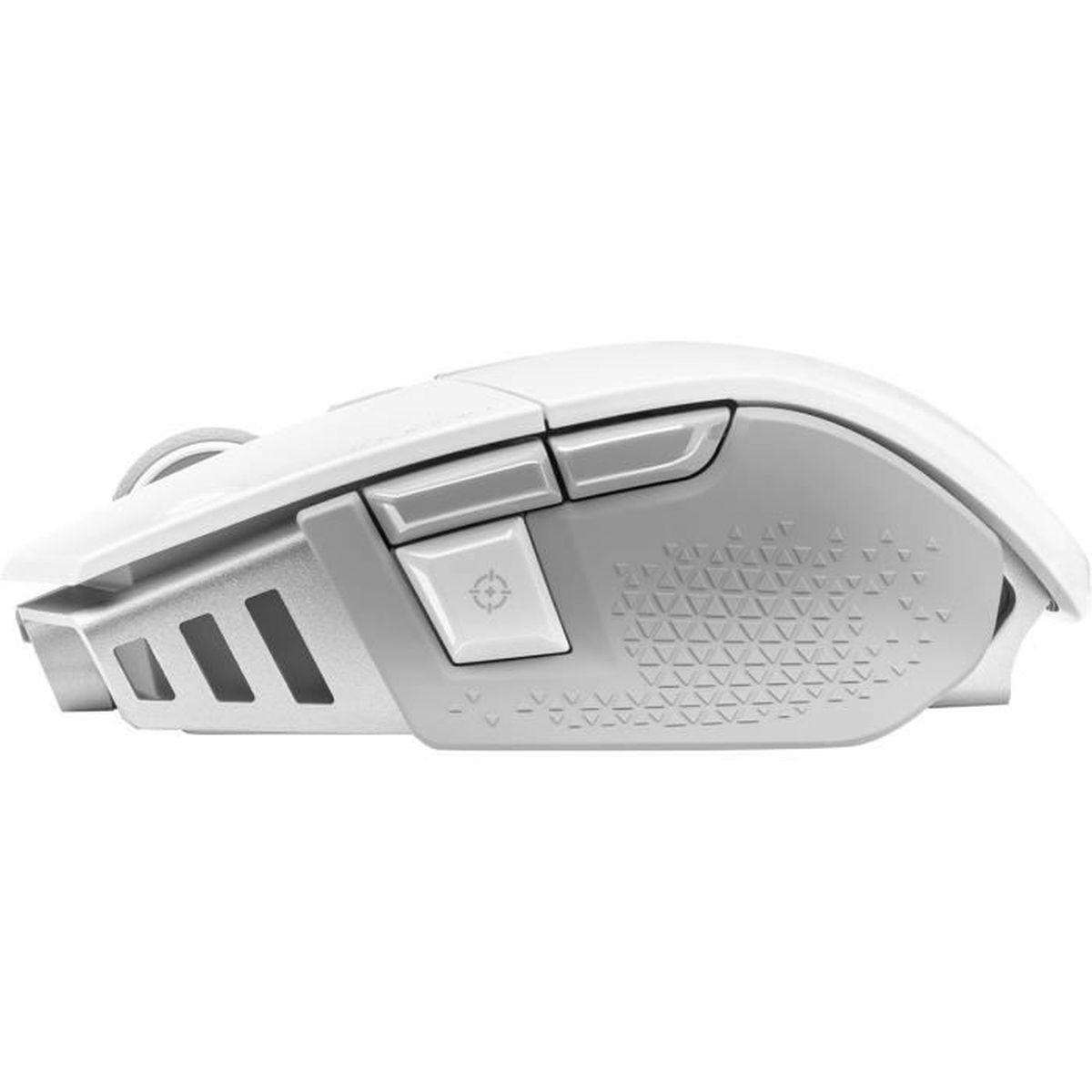 Ratón gaming blanco y gris, vista lateral con botones y agarre texturizado.