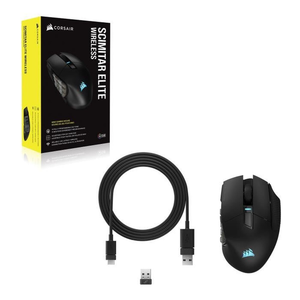 Black Corsair gaming mouse with a cable and a wireless receiver, and a box.