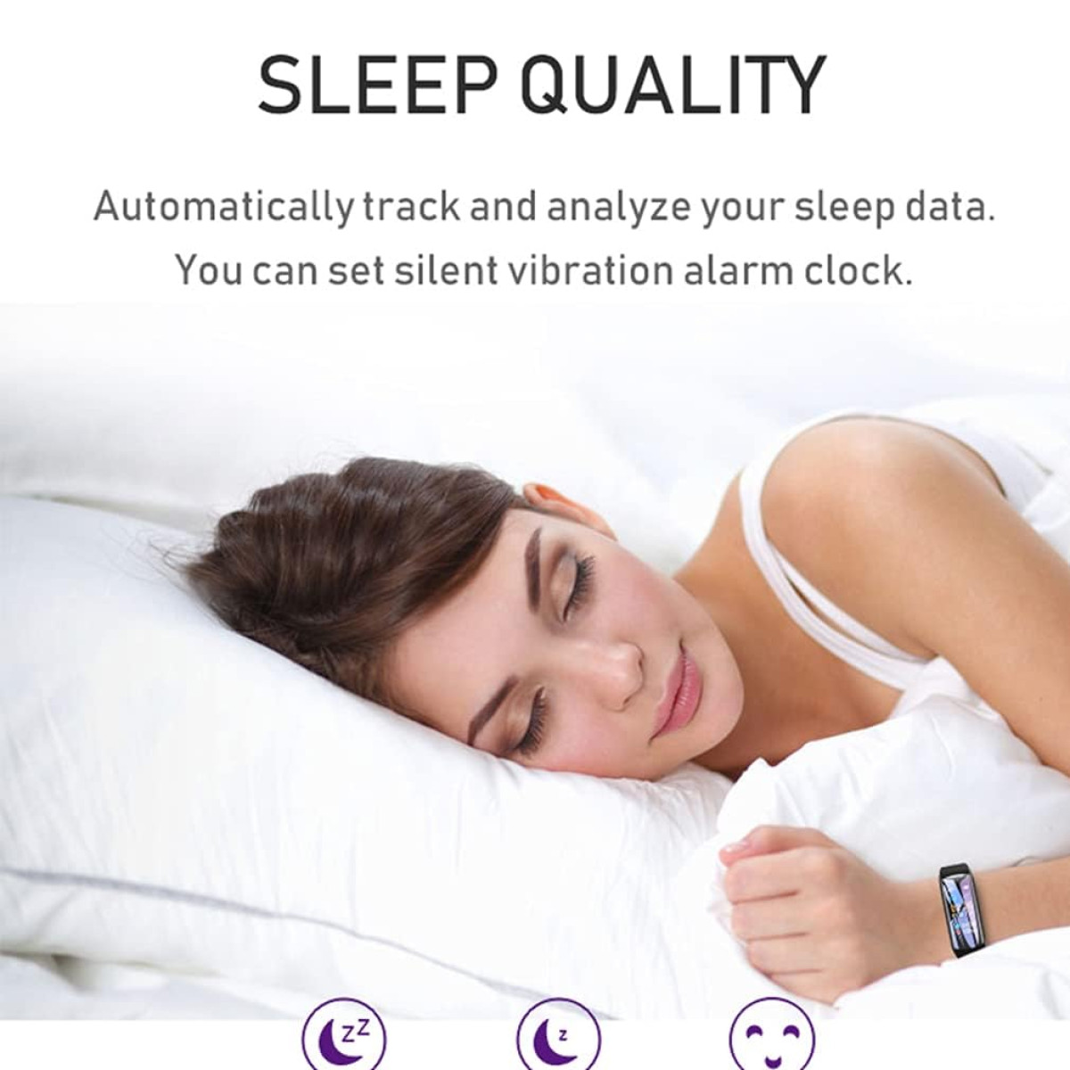 Kobieta śpiąca na białej poduszce, z opaską smart na nadgarstku. Tekst: JAKOŚĆ SNU.