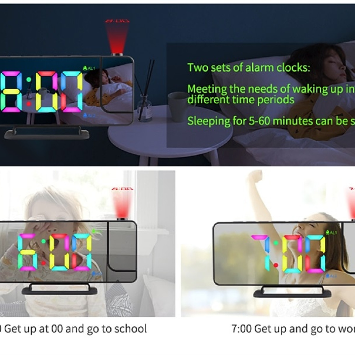 drehbare Digitaler Wecker um 180° mit RGB-LED, Wecker Projektoruhr INF