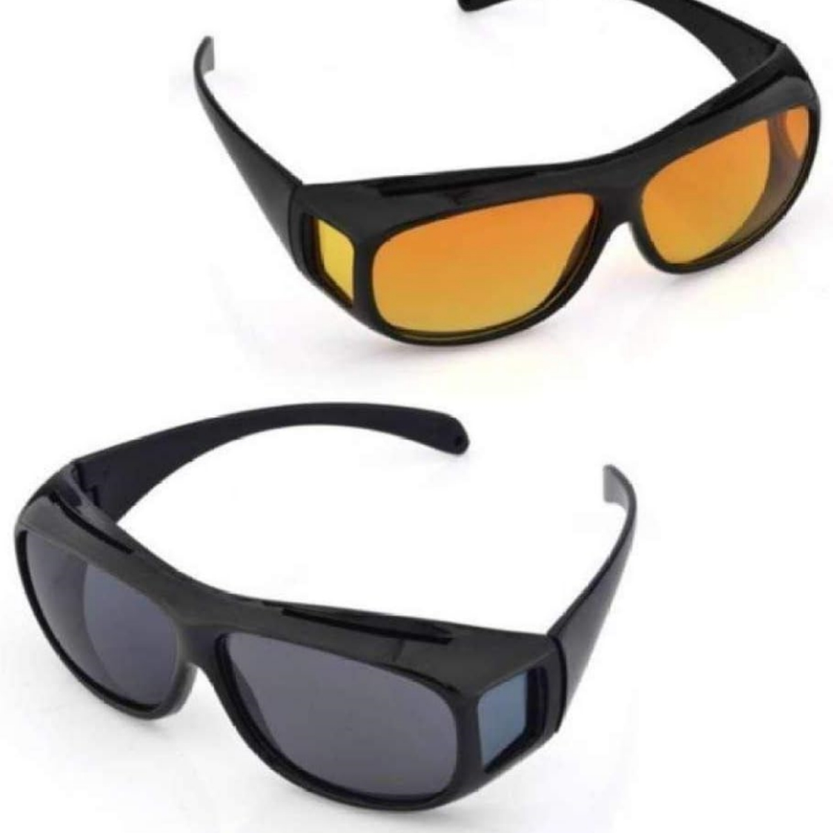 Zwei Paar schwarze Sonnenbrillen, eine mit gelb-orangen Gläsern.