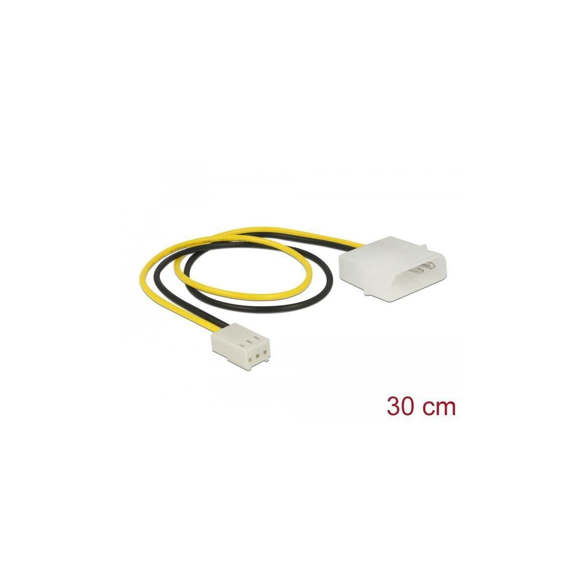 Cavo di alimentazione SATA con connettore bianco. Fili neri e gialli. Sfondo: bianco. Testo: '30 cm'.