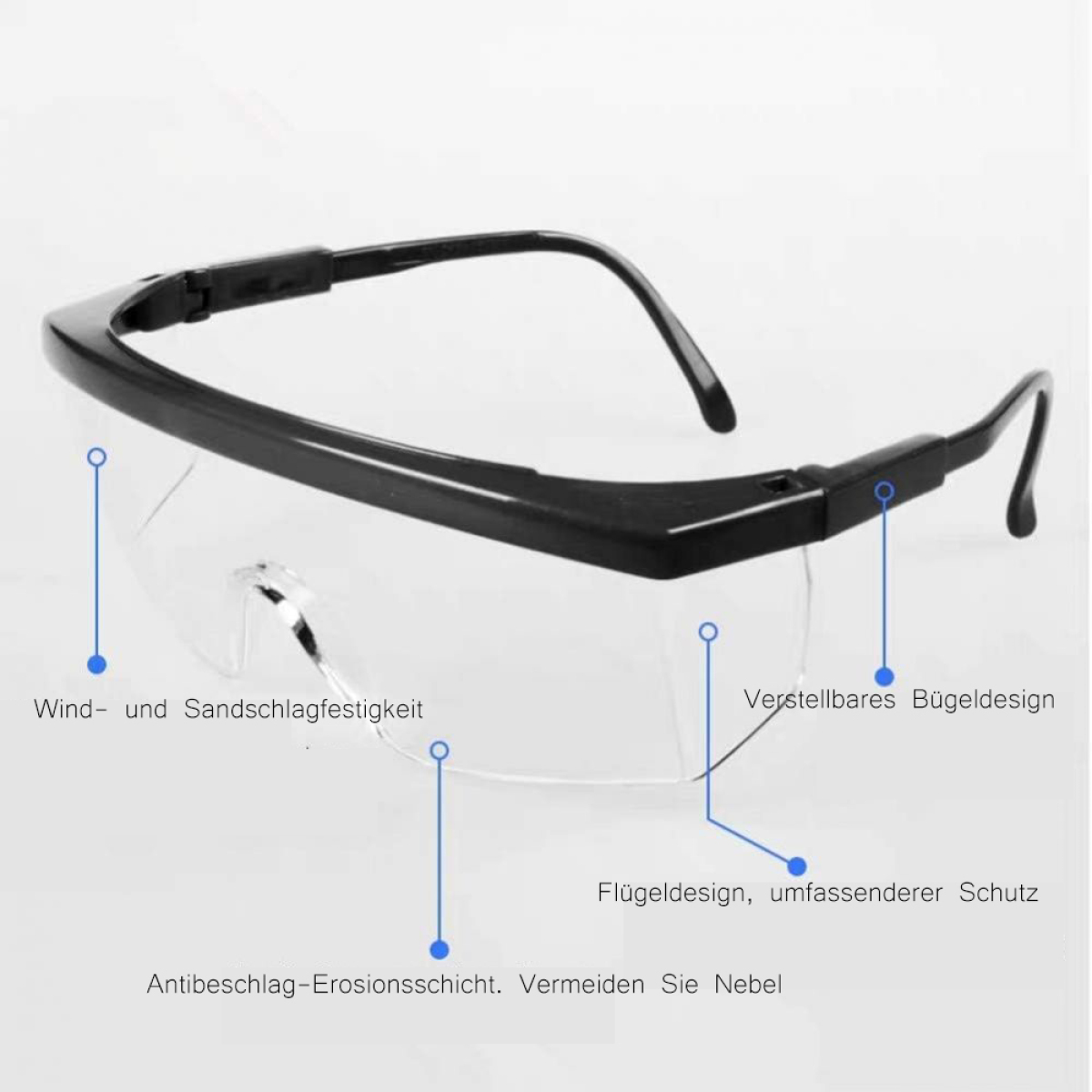 Schutzbrille mit Textbezeichnungen, die auf Merkmale hinweisen.