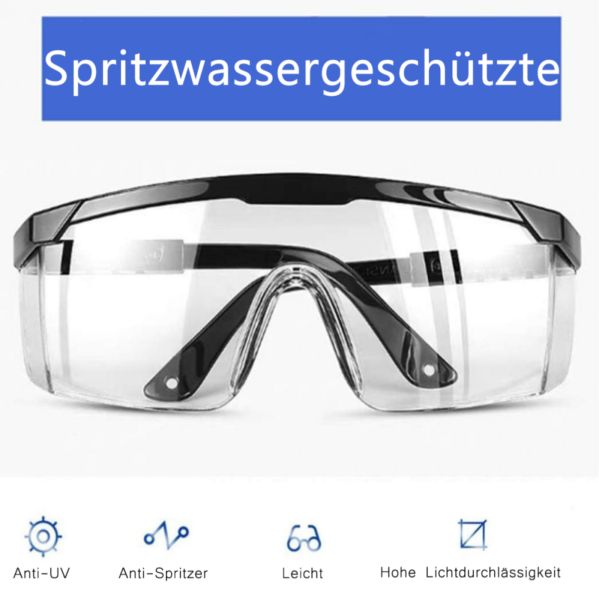 Klare Schutzbrille mit schwarzem Rahmen, Text: Anti-UV, Anti-Spritzer, Leicht und weitere Texte.
