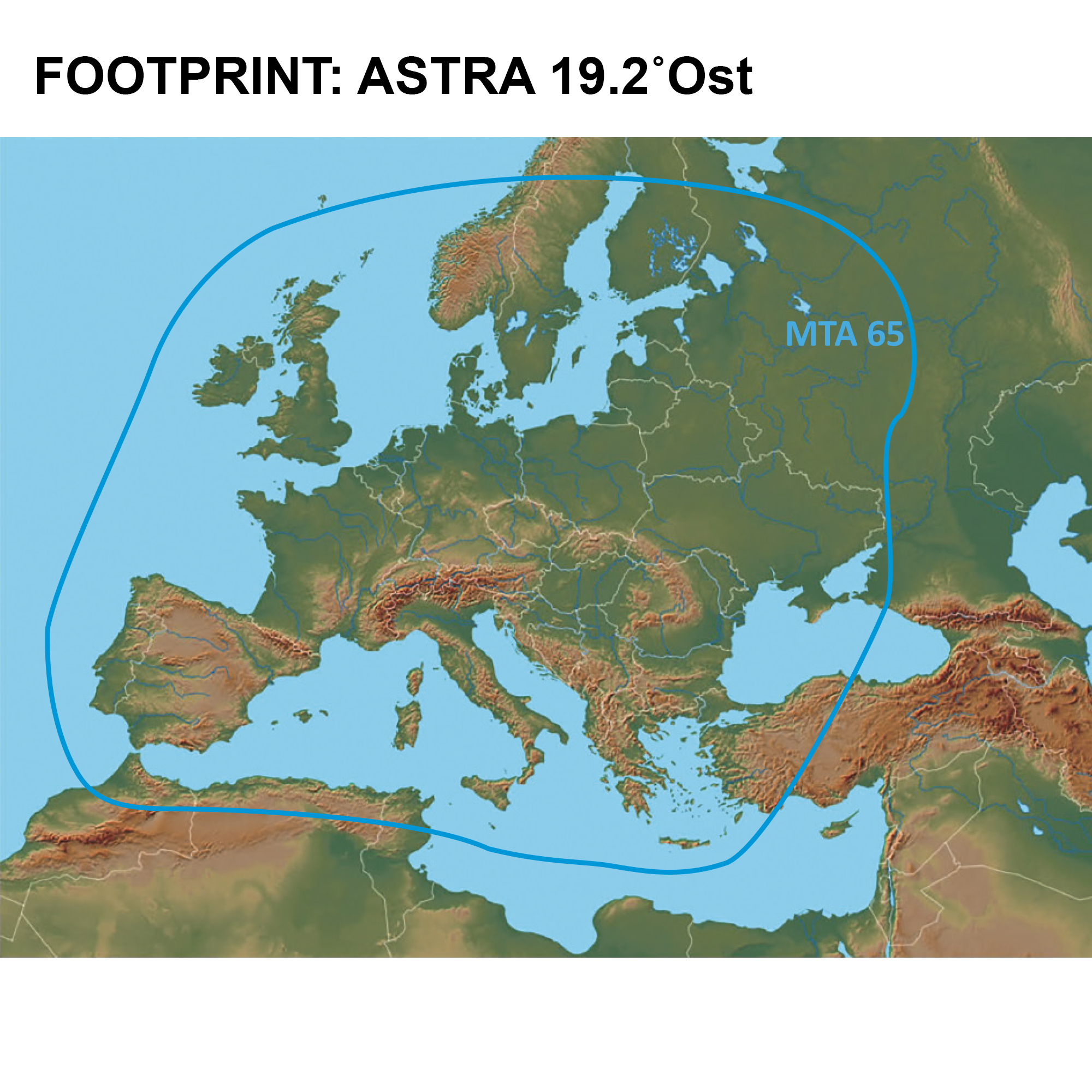 Karte von Europa mit blauem Umriss, der den Satelliten-Footprint zeigt. Text MTA 65 befindet sich in der Mitte.