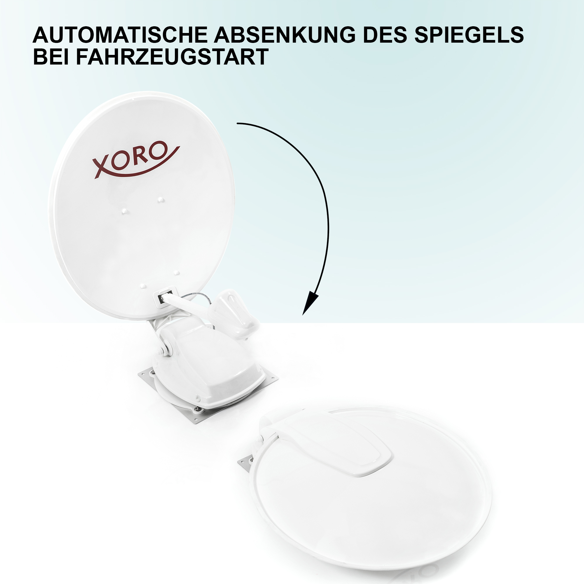 Weißer Satellitenschüssel öffnet sich. Die Schüssel ist weiß, mit rotem Xoro-Logo.