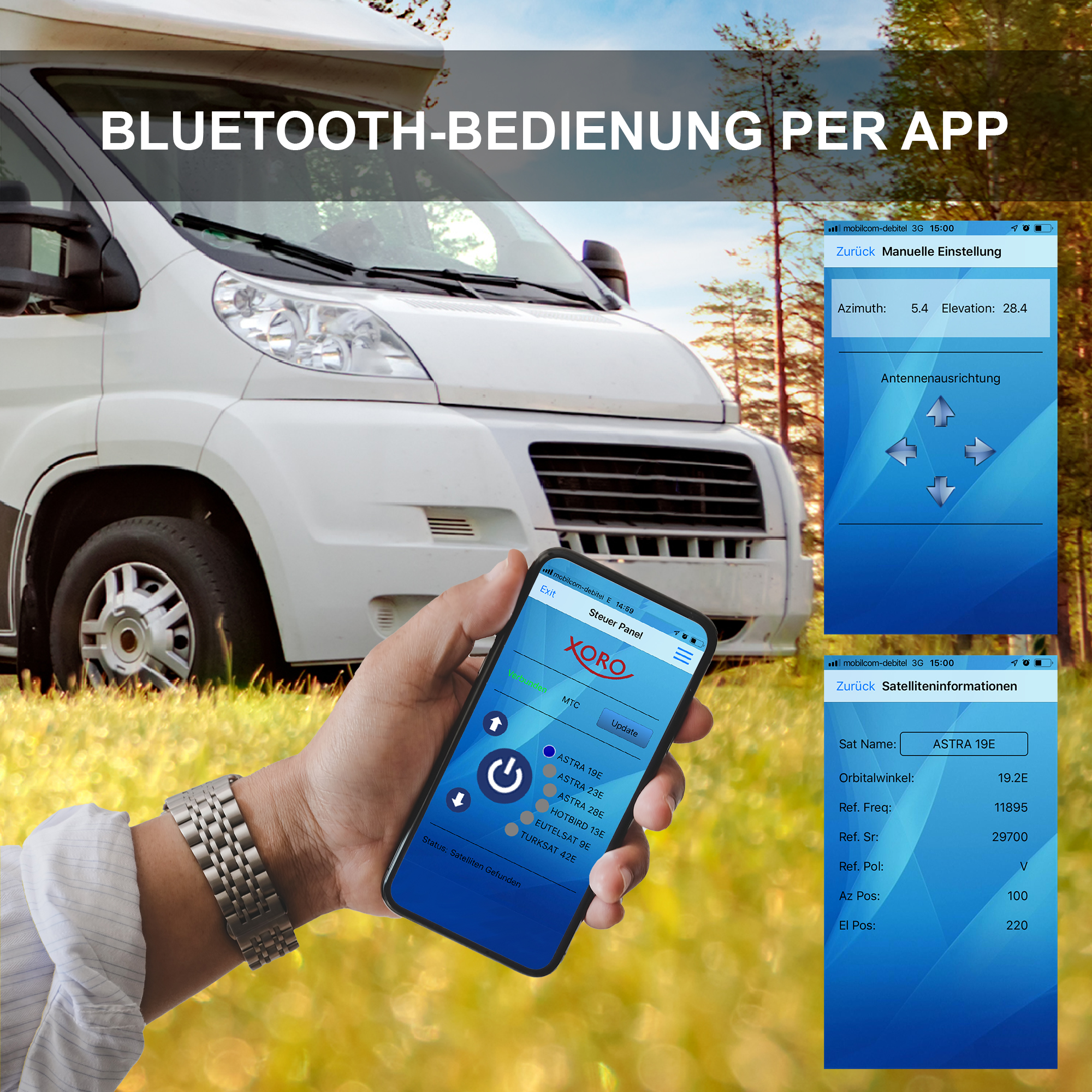 Person hält Telefon mit App-Bildschirm. Weißer Van im Hintergrund. App für Satellit.