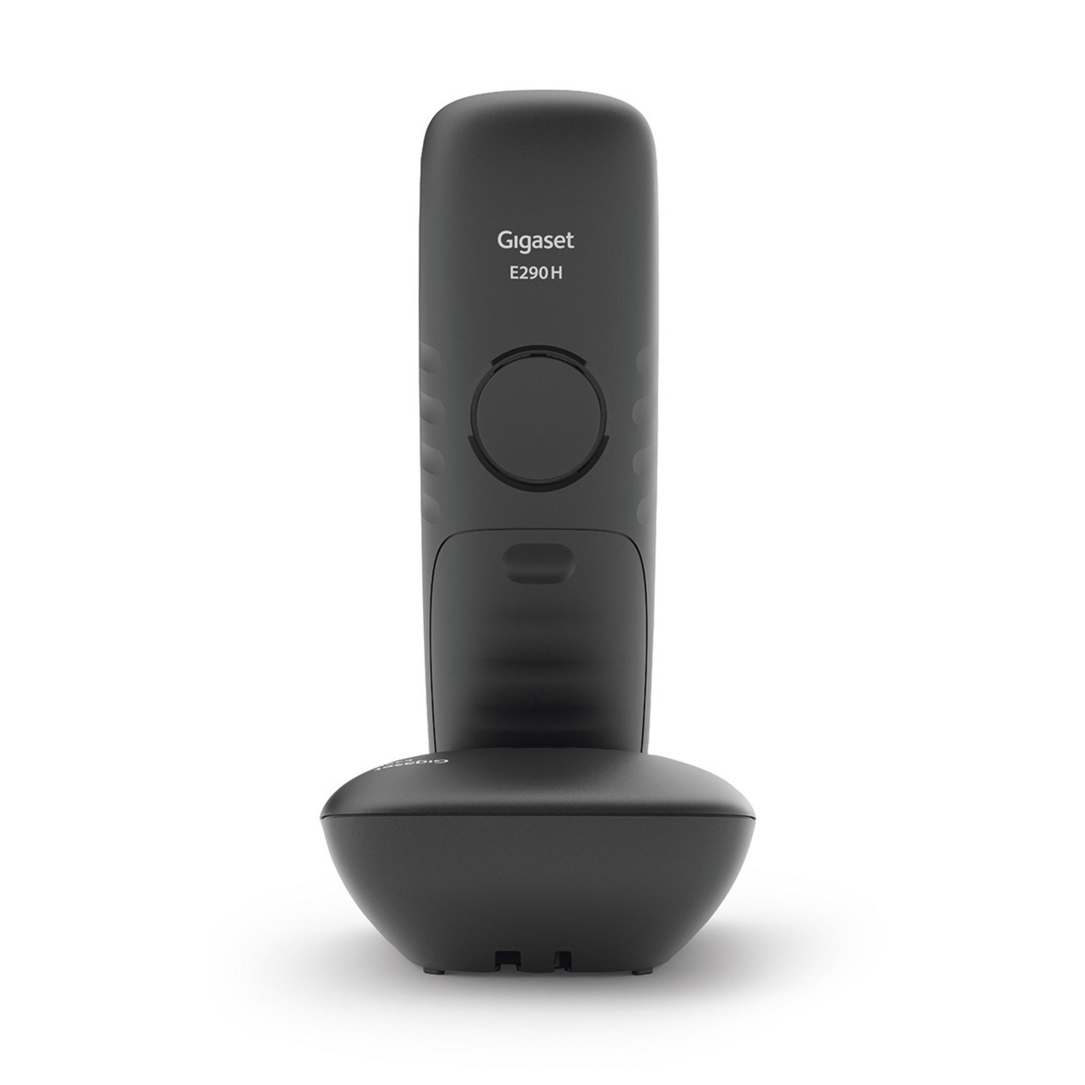 Téléphone sans fil Gigaset noir avec base, bouton rond et nom de la marque.