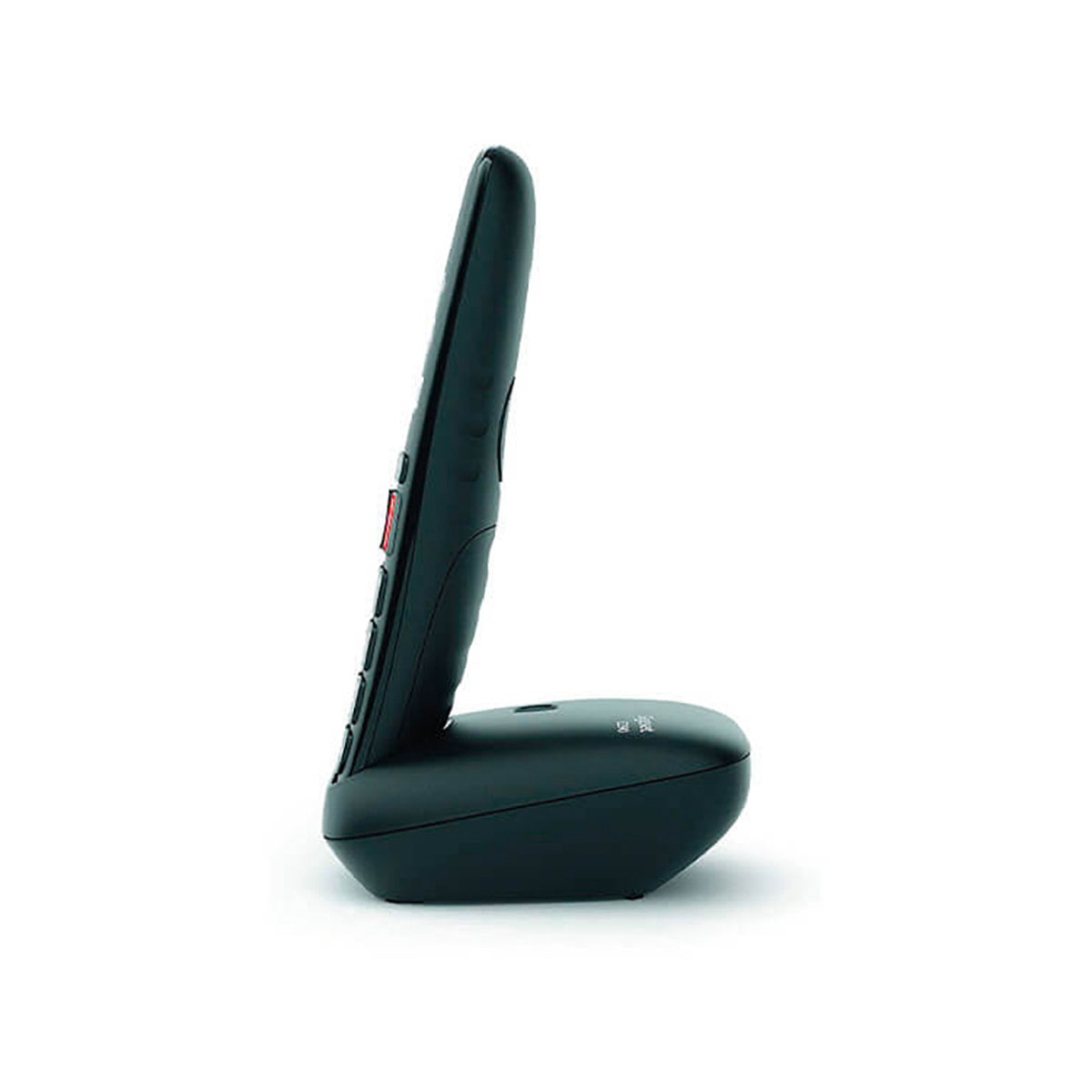Téléphone sans fil noir avec base inclinée, isolé sur fond blanc.