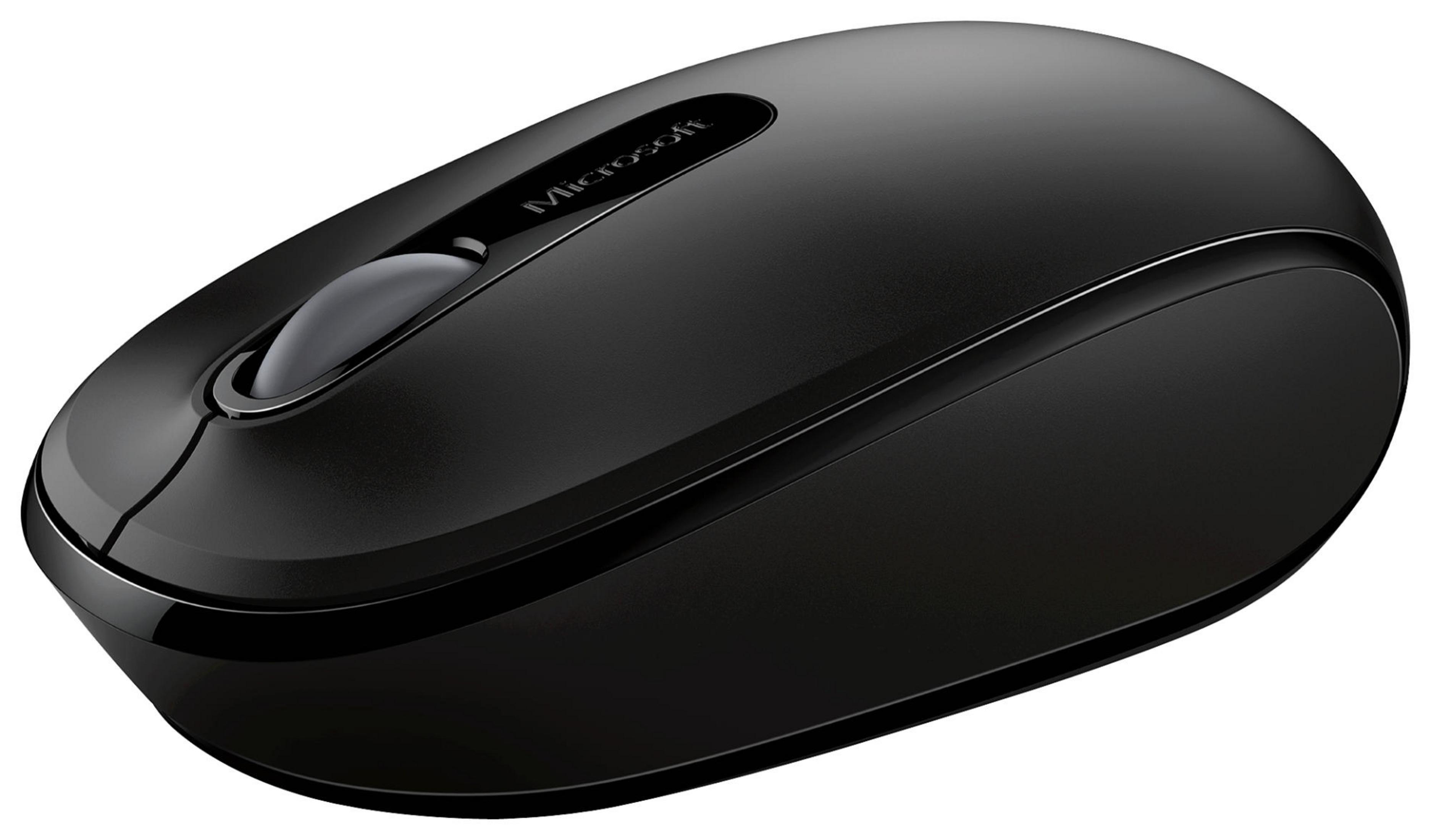 Un ratón Microsoft negro. Tiene una rueda de desplazamiento y el logotipo de Microsoft.