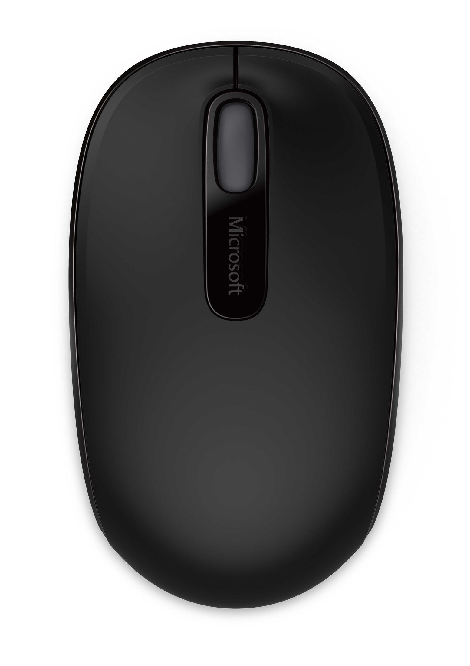 Un ratón Microsoft negro con una rueda de desplazamiento sobre un fondo blanco.