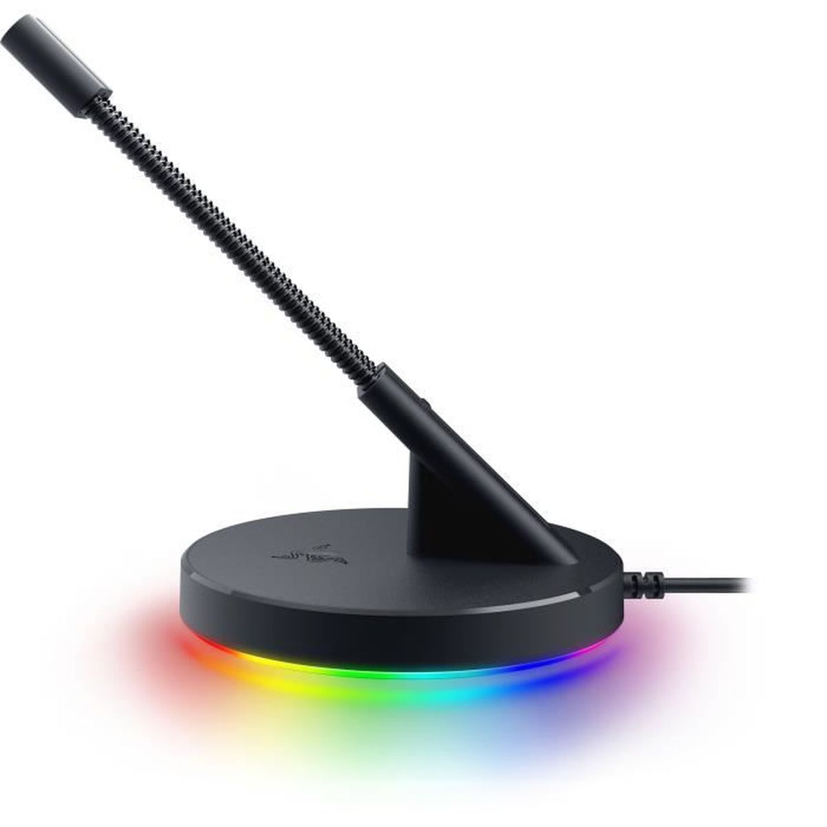 Zwarte microfoon met een flexibele hals en een oplichtende basis met verschillende kleuren.