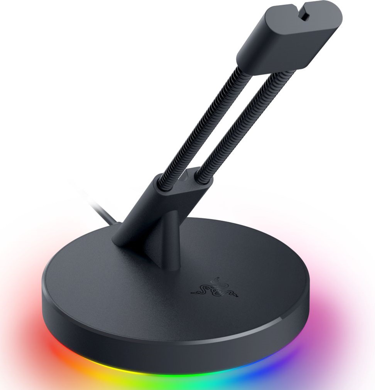 Zwarte Razer muis bungee met een ronde basis en een flexibele arm, verlicht met regenboogkleuren.