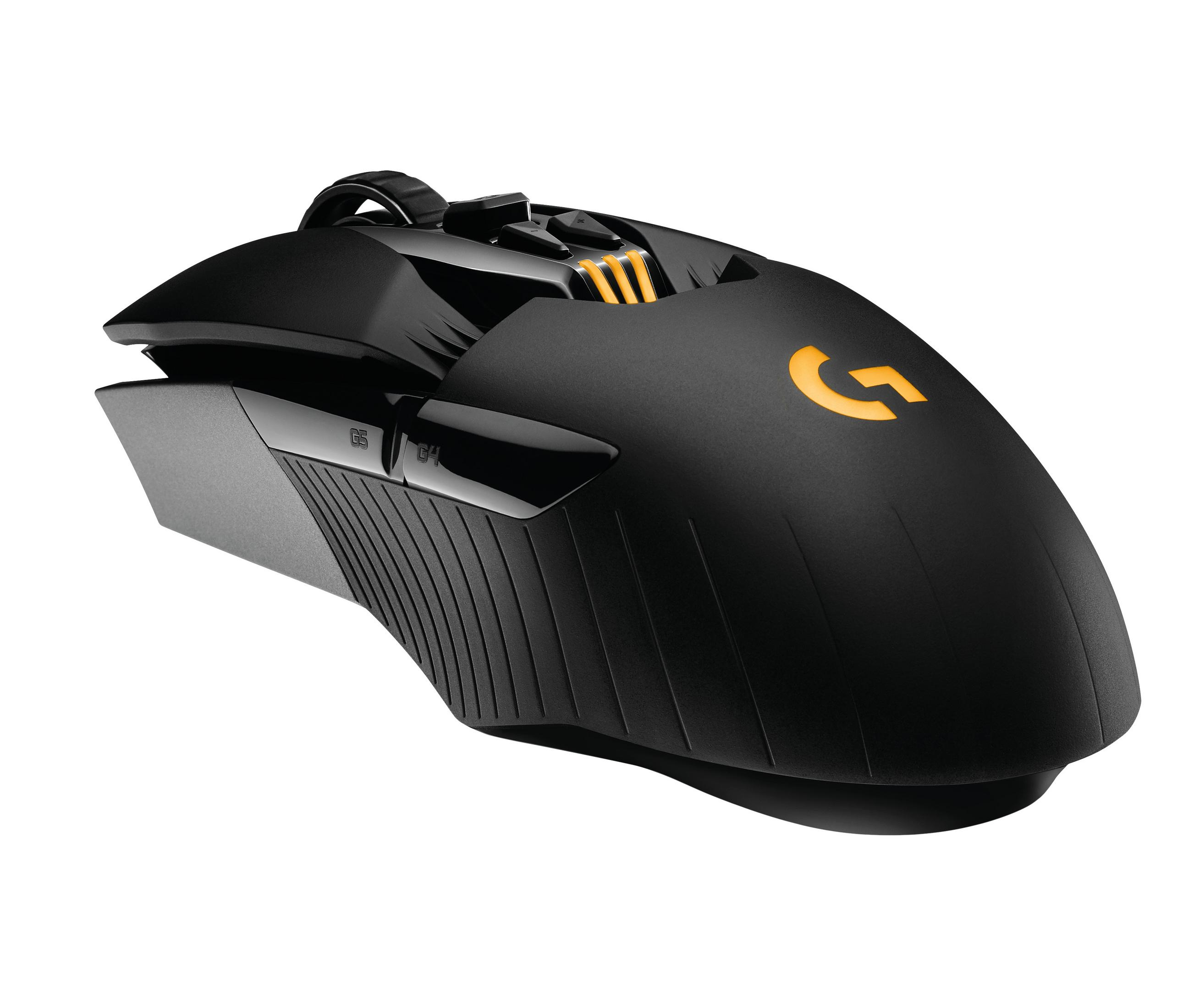 Schwarze Gaming-Maus mit orangefarbenen Akzenten und Logitech G Logo.
