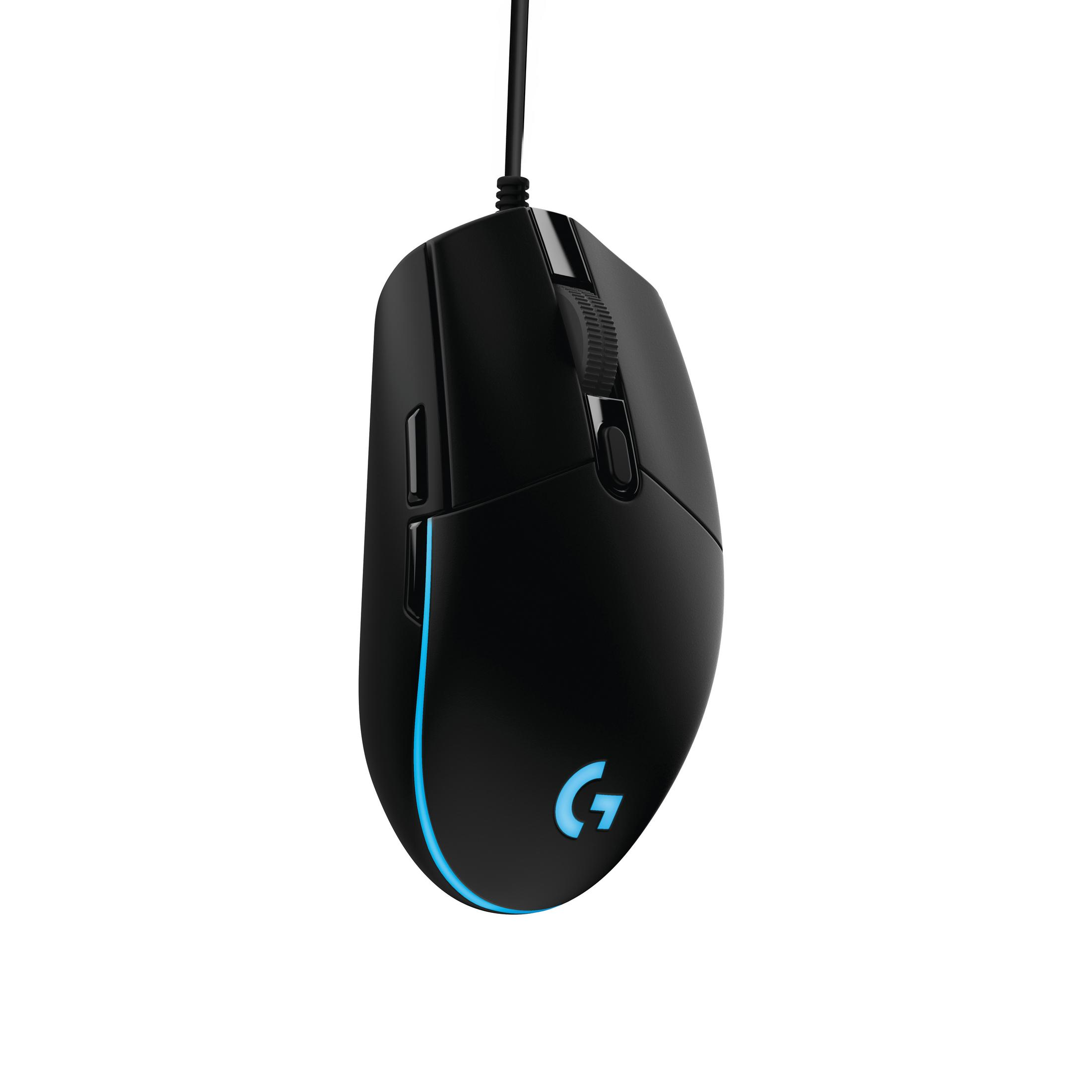 Schwarze Logitech-Maus mit blauem Licht, Scrollrad und geschwungenem Design.