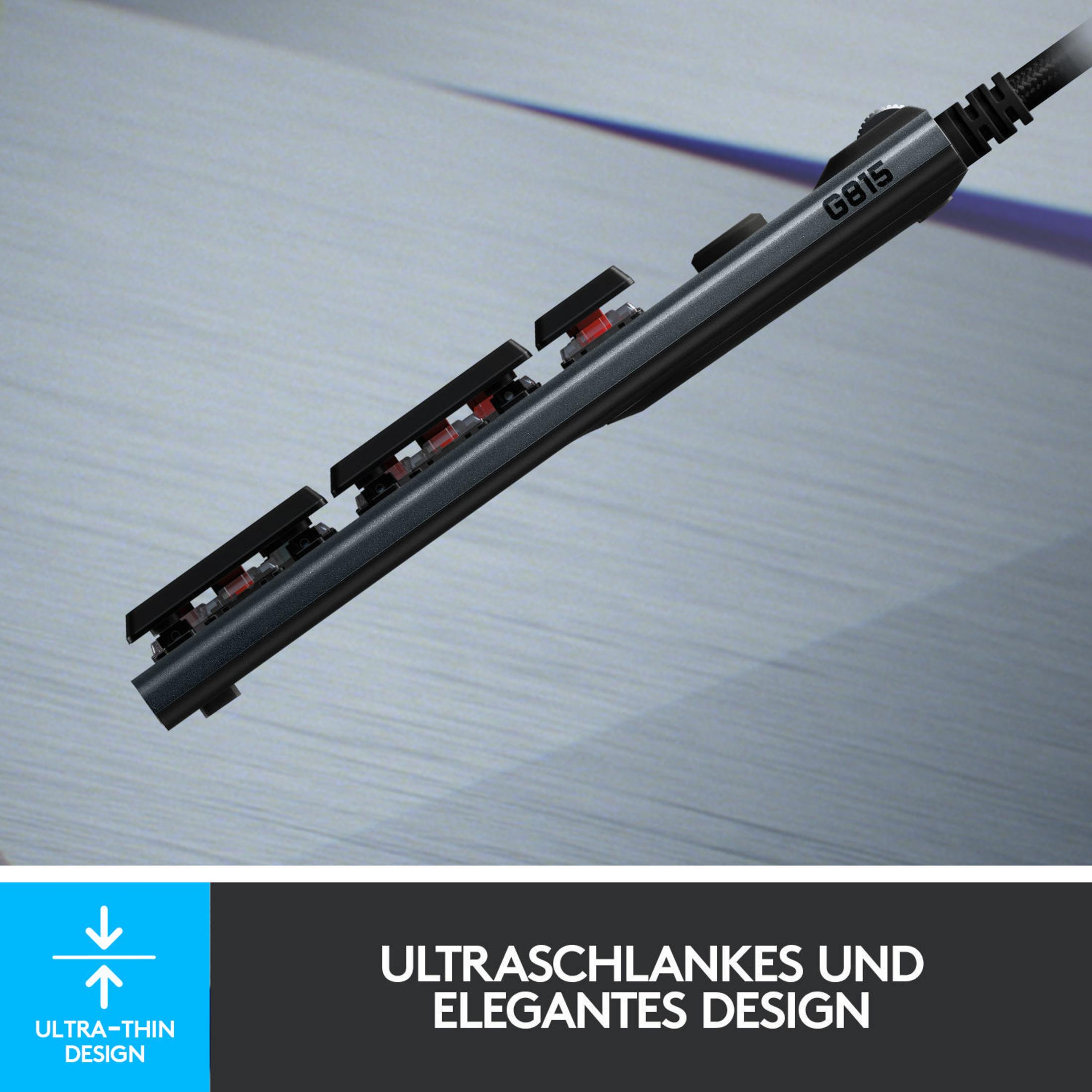 Zbliżenie klawiatury o smukłej konstrukcji i czarnych klawiszach. Klawisze mają podświetlenie RGB.