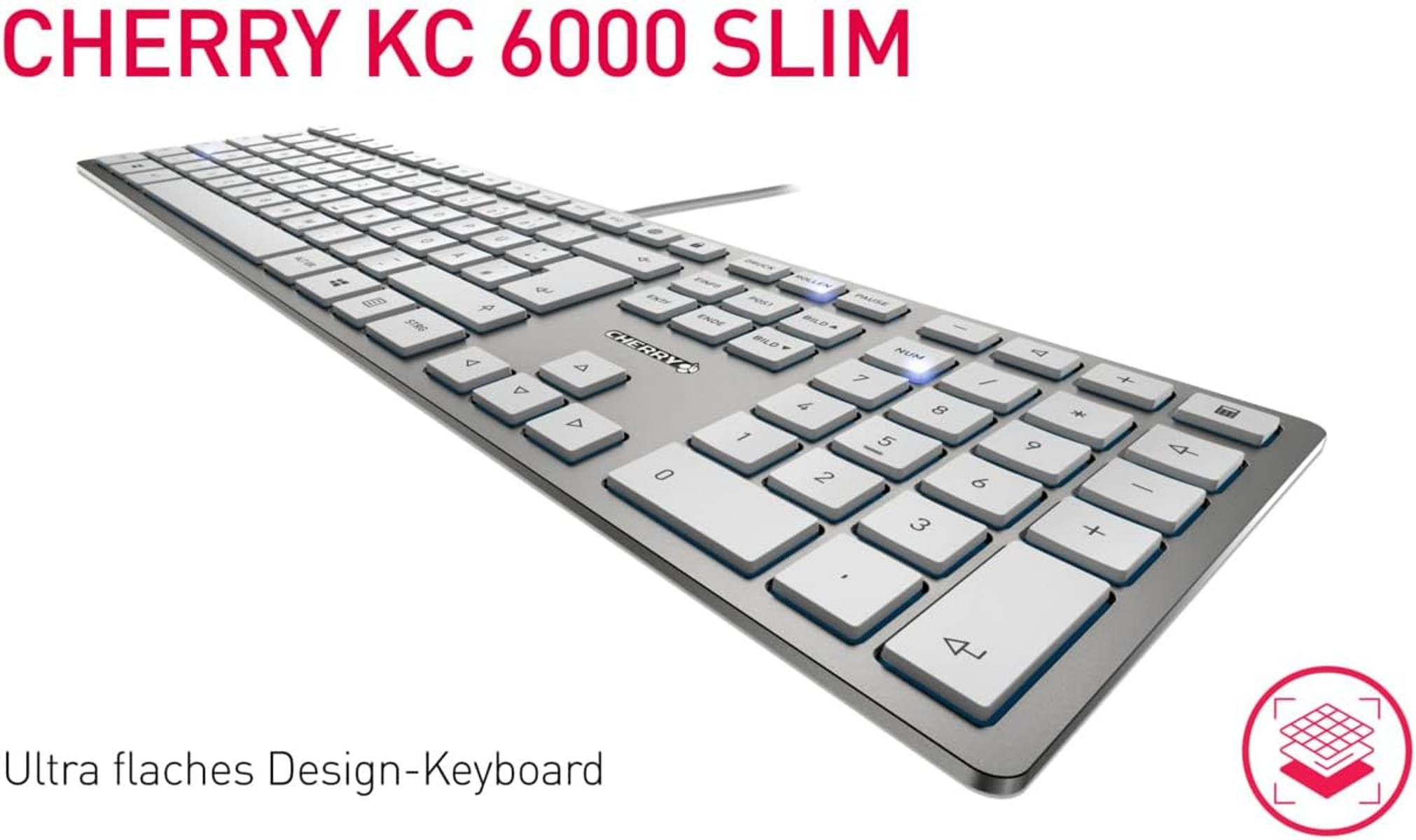 Srebrna klawiatura z białymi klawiszami i czerwonym logo u góry, z tekstem.