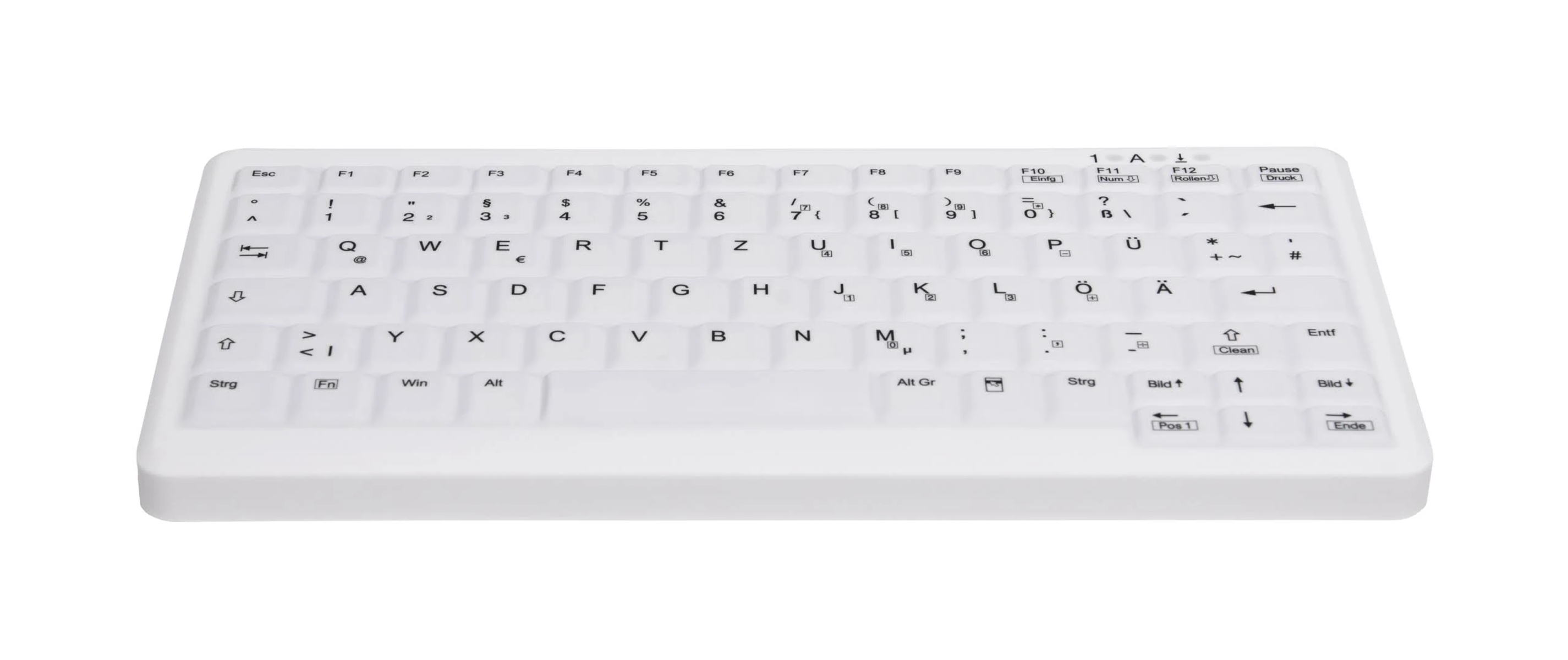 Eine weiße Tastatur mit weißen Tasten vor einem schlichten weißen Hintergrund.