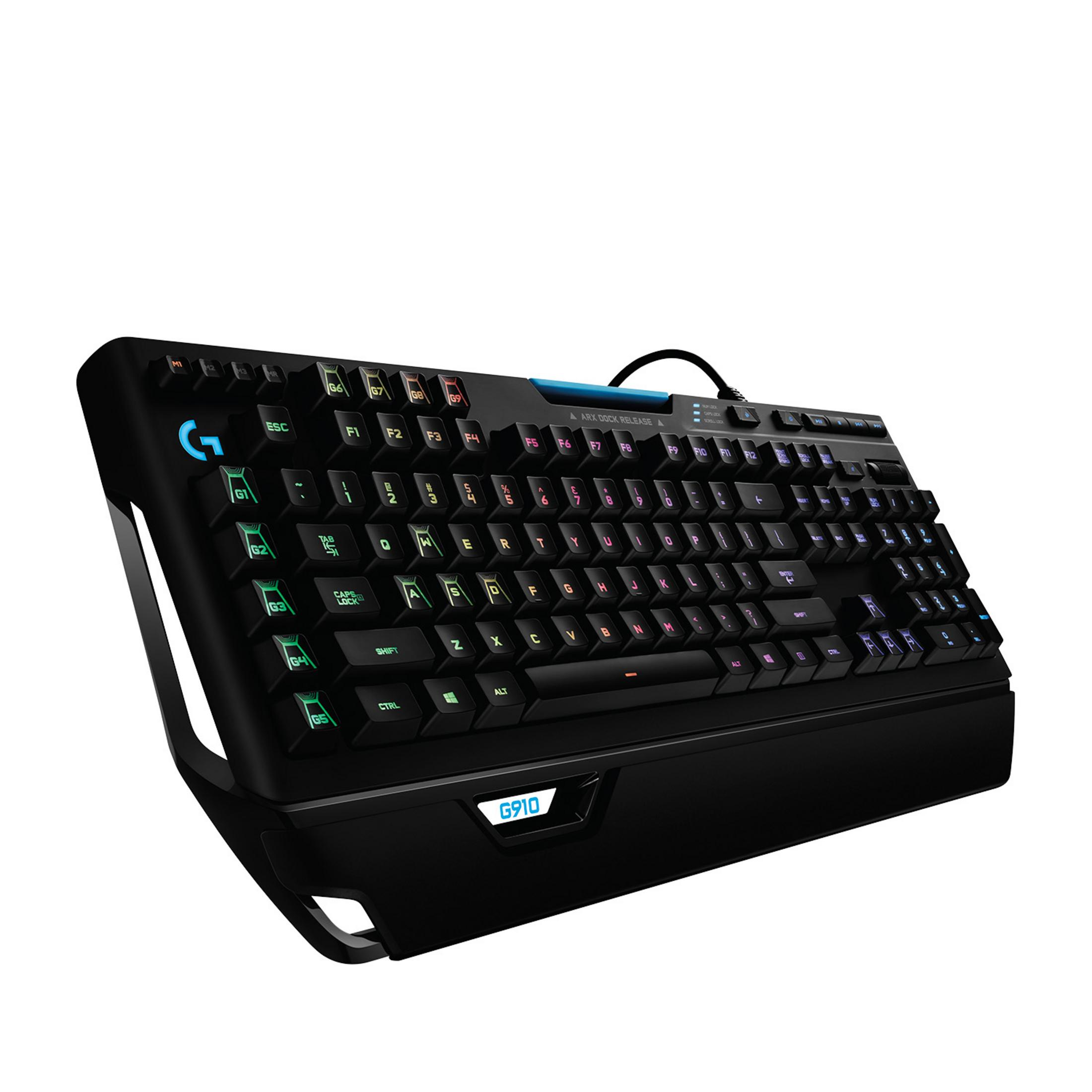 Eine schwarze Gaming-Tastatur mit bunten Tasten und einem blau beleuchteten Logo.