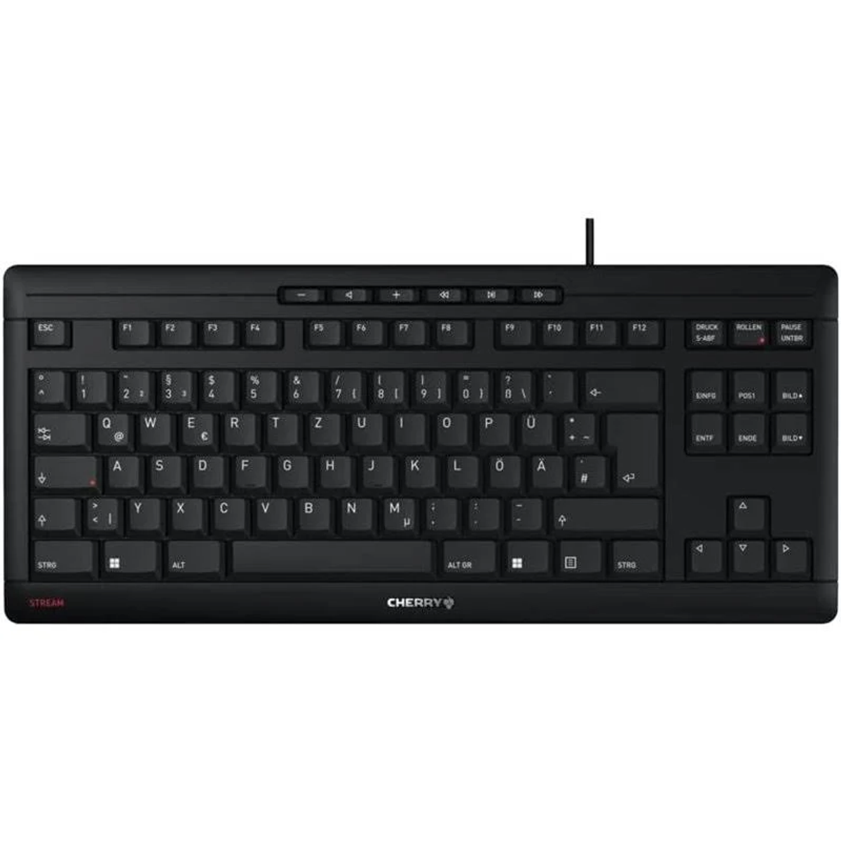 Eine schwarze Cherry Stream Tastatur mit weißen Tastenbeschriftungen.