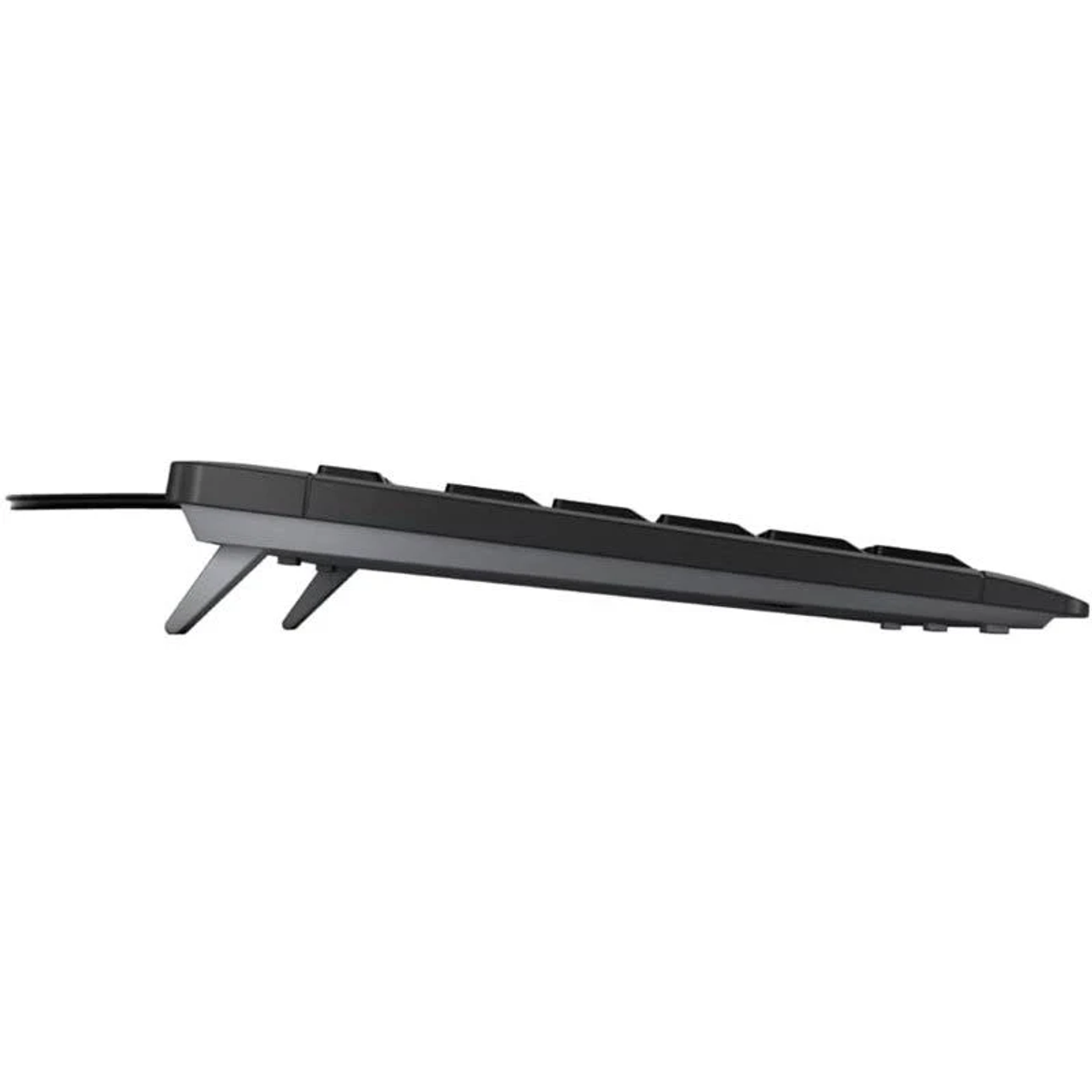 Schwarze Tastatur, Seitenansicht, mit grauem Oberteil und zwei abgewinkelten Beinen.