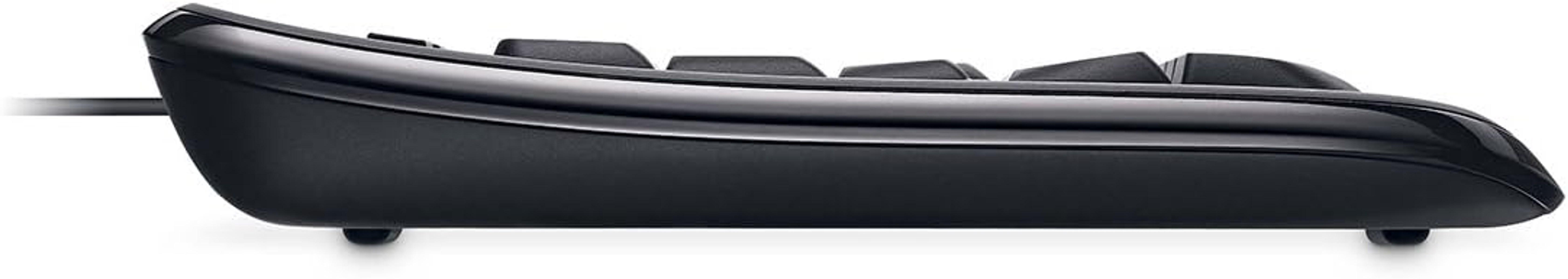 Schwarze Tastatur Seitenansicht. Es hat ein gebogenes Design und kleine Füße.