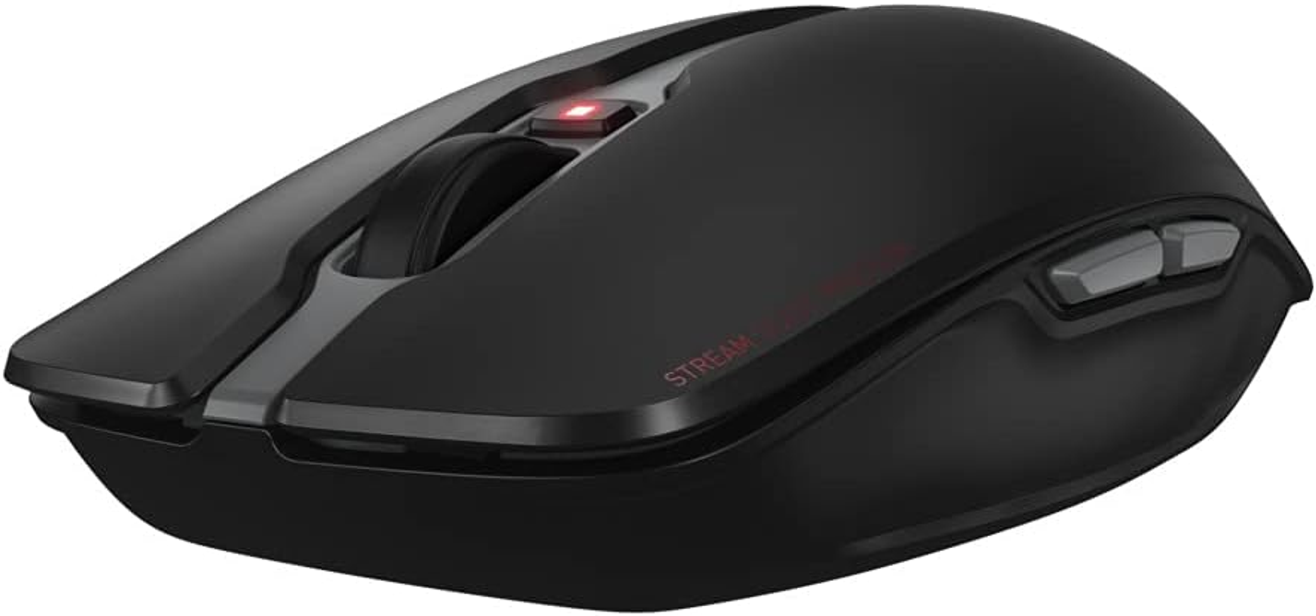 Czarna mysz komputerowa z czerwonym światłem na górze i szarymi akcentami.