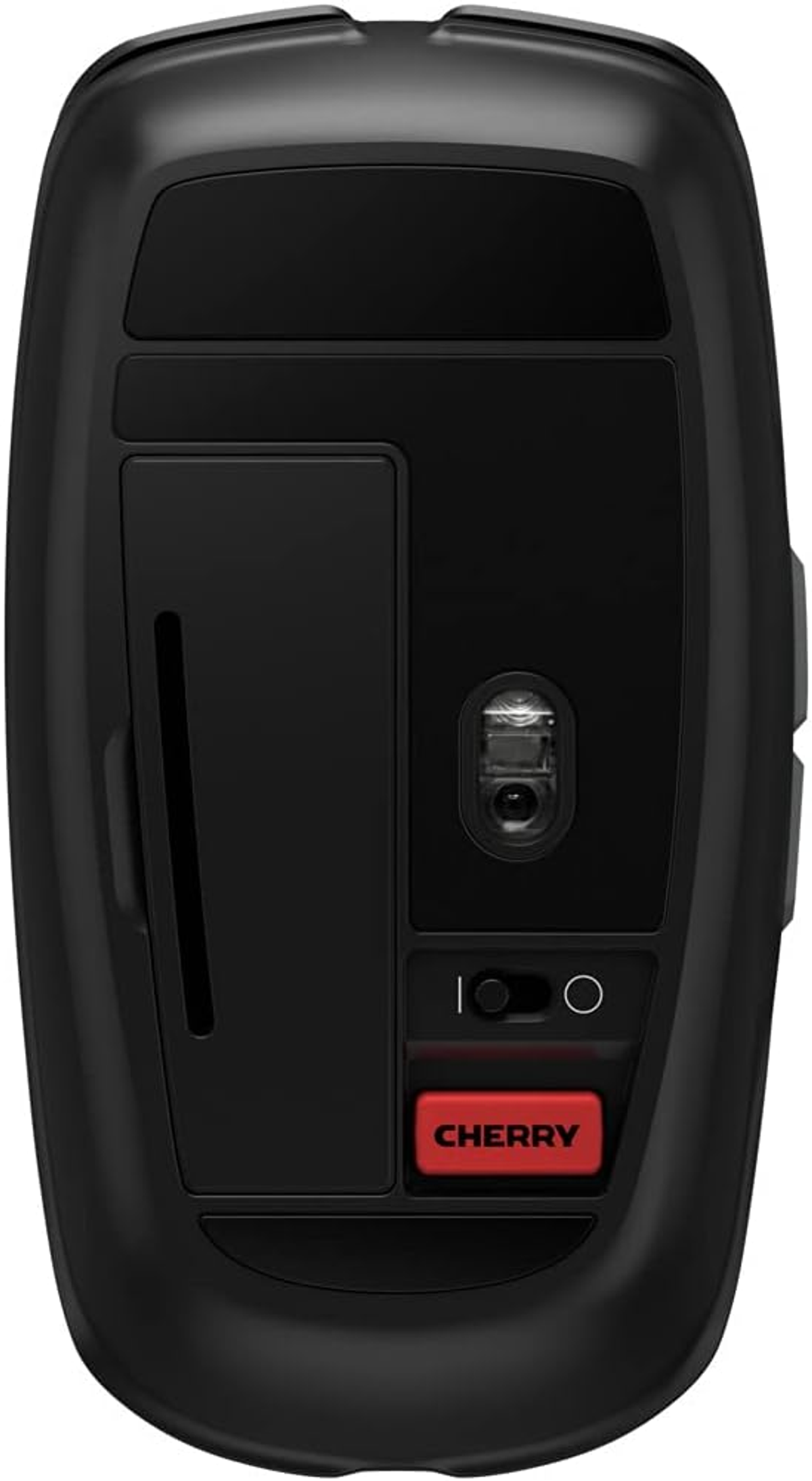 Czarna mysz komputerowa, widok od spodu. Czerwony przycisk 'CHERRY' i przełącznik zasilania.