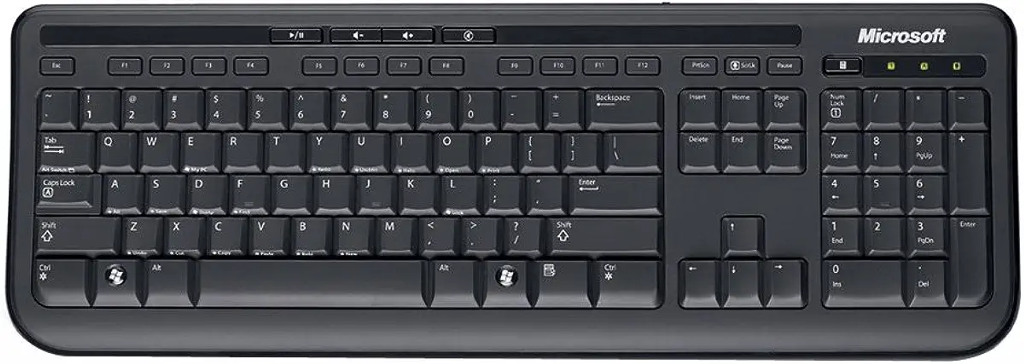 Eine schwarze Microsoft-Tastatur mit sichtbaren Tasten. Enthält einen Ziffernblock und Funktionstasten.