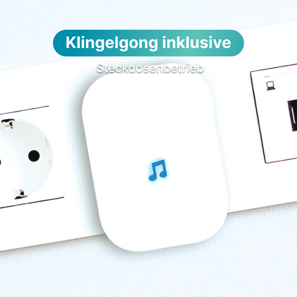 Weiße Türklingel mit Musiknoten-Symbol. Es befindet sich neben einer Steckdose und einem Laptop-Symbol.