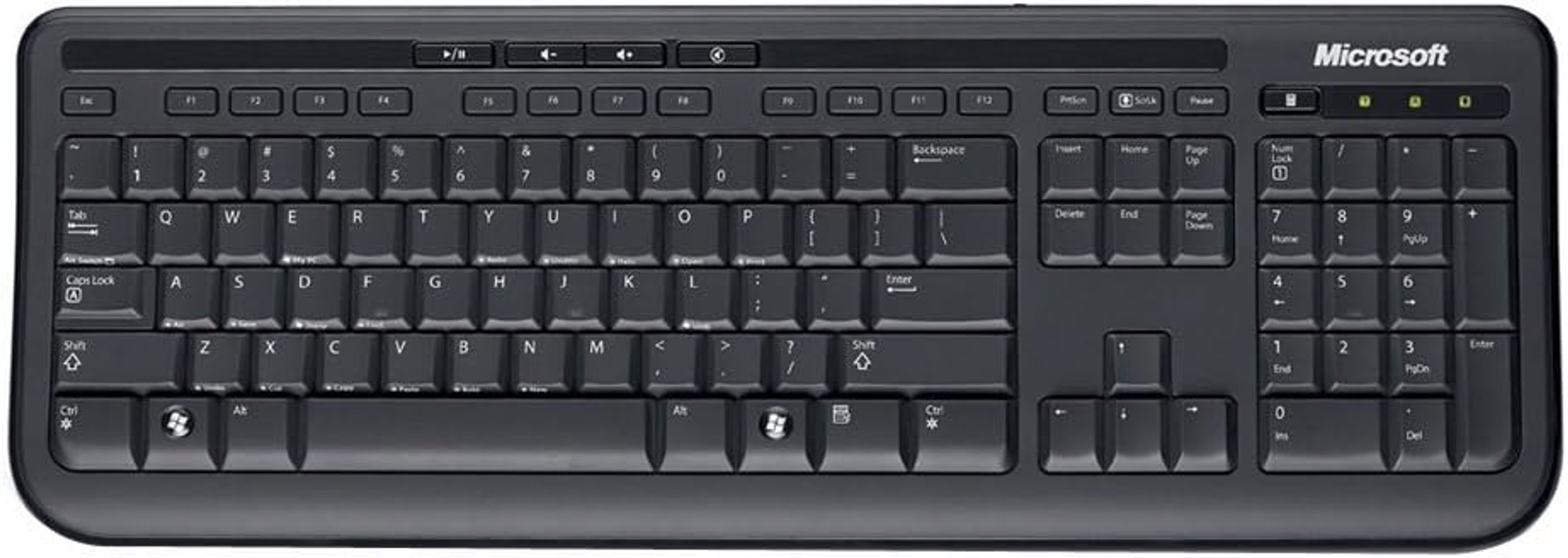 Eine schwarze Microsoft-Tastatur mit Tasten und Funktionstasten.