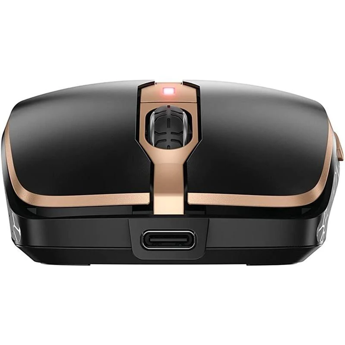 Czarna i złota mysz bezprzewodowa, widok z przodu. Posiada port ładowania i podświetlany wierzch.