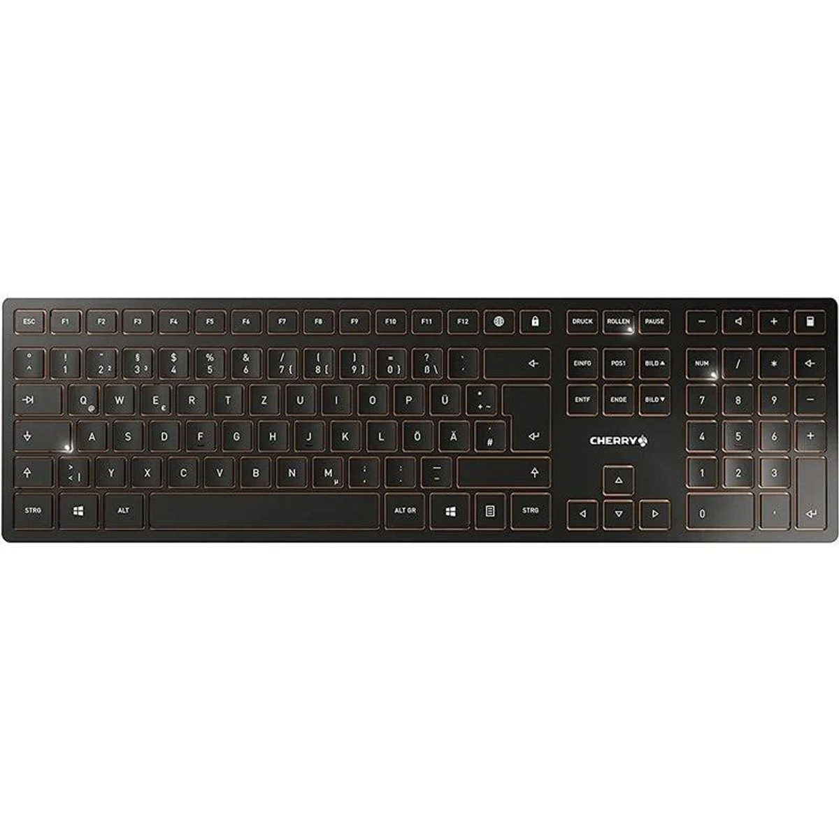 Czarna klawiatura z pomarańczowymi podświetlanymi klawiszami i marką "Cherry".