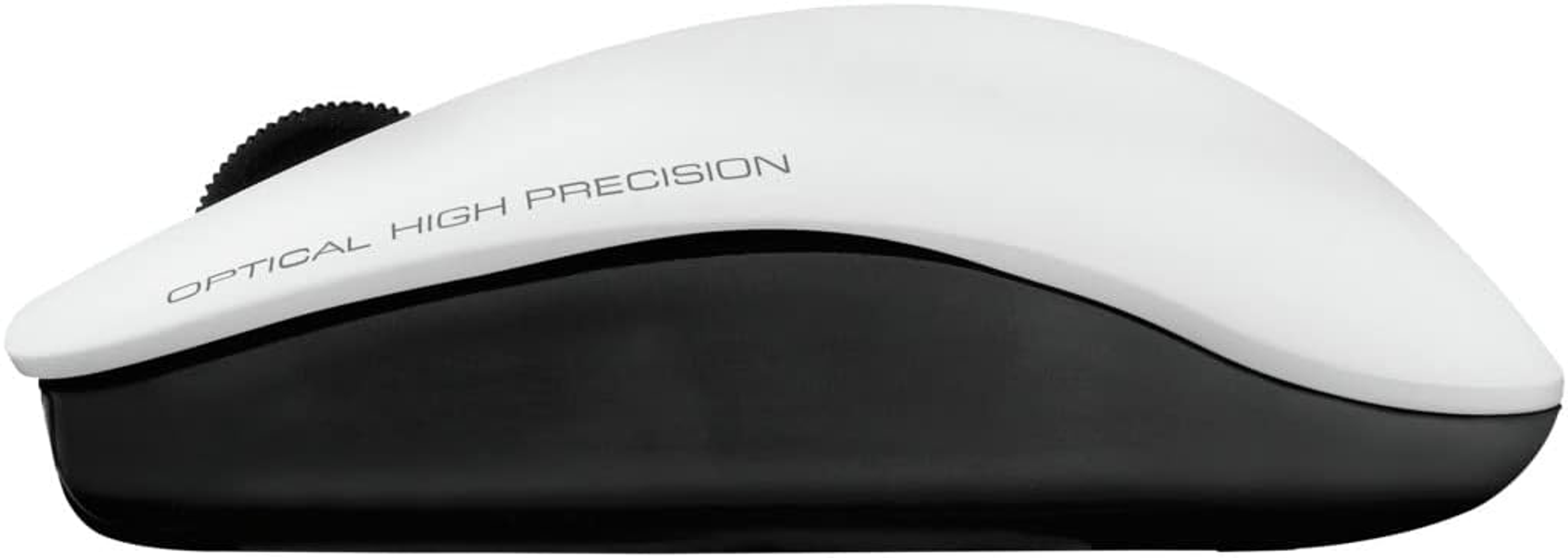 Eine weiß-schwarze optische Maus, Seitenansicht, mit dem Schriftzug "OPTICAL HIGH PRECISION".
