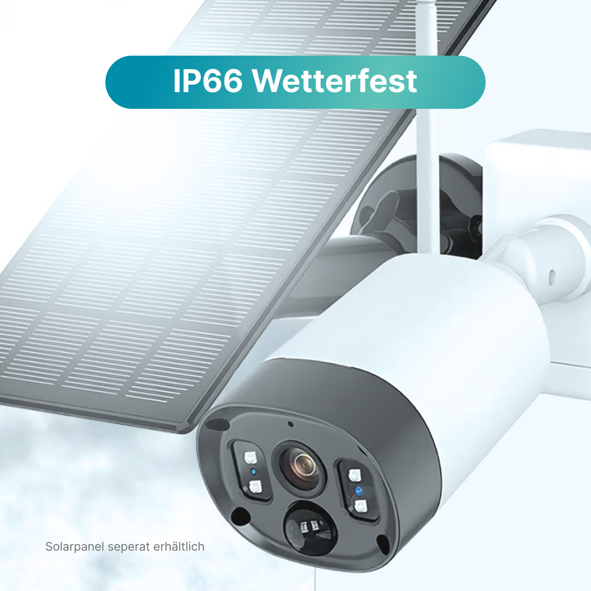 Eine weiße und schwarze Überwachungskamera mit Solarpanel. Text lautet 'IP66 Wetterfest'.
