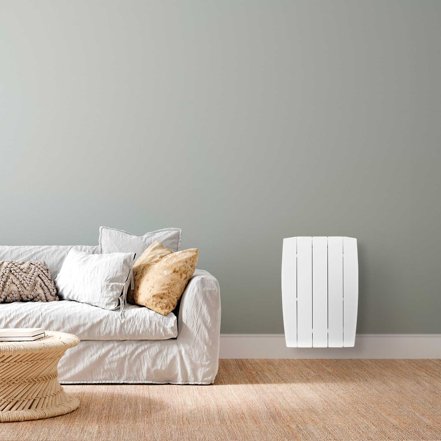 Salón con sofá blanco y radiador. Radiador blanco, montado en la pared. Alfombra beige.