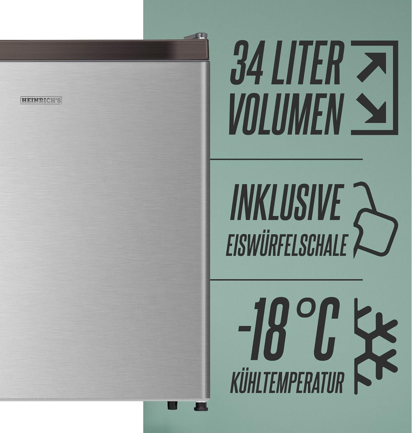 Ein Edelstahlkühlschrank mit Text, der 34 Liter Volumen und -18 °C Temperatur angibt.