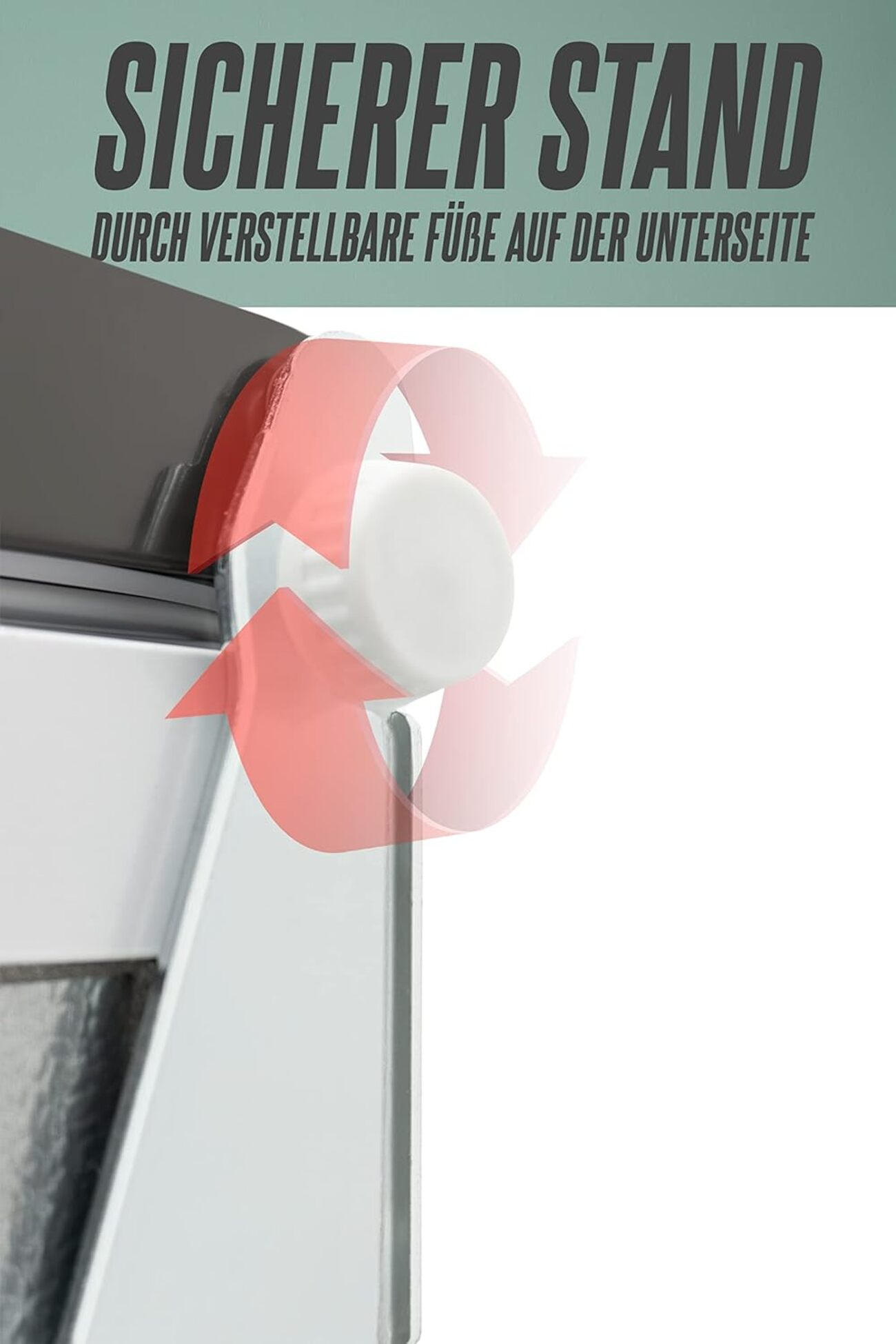 Ein weißer, verstellbarer Fuß eines Möbelstücks mit roten Pfeilen, die die Verstellrichtung zeigen.