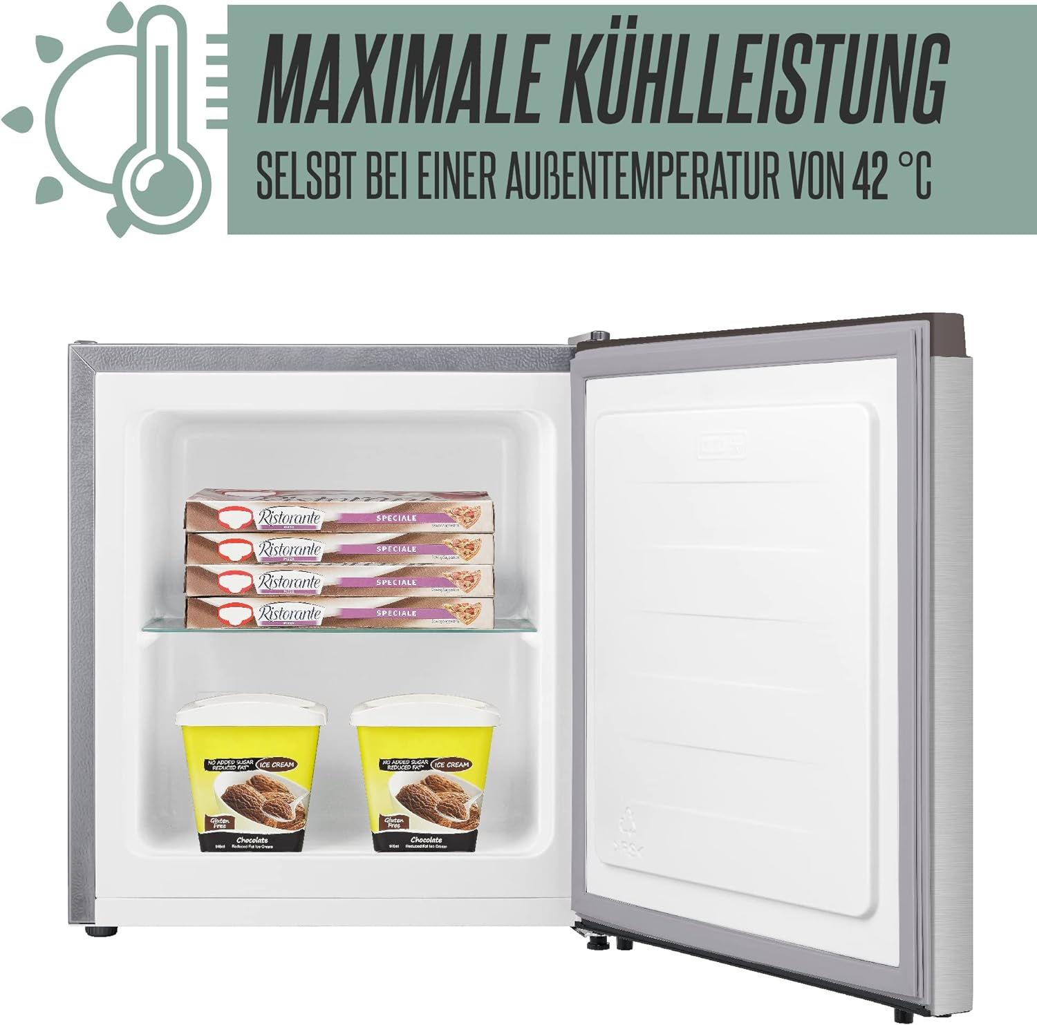 Minikühlschrank mit Eis und Tiefkühlkost. Offene Tür. Grau und weißes Farbschema.