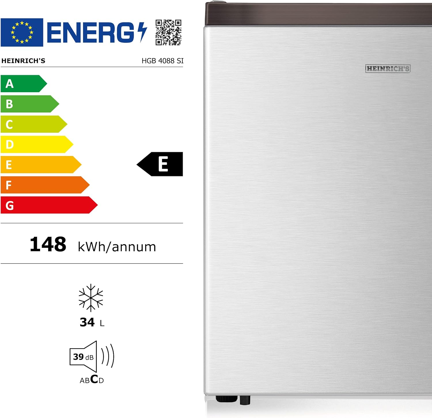 Silberner Kühlschrank mit dem Energieeffizienzlabel 'E'.