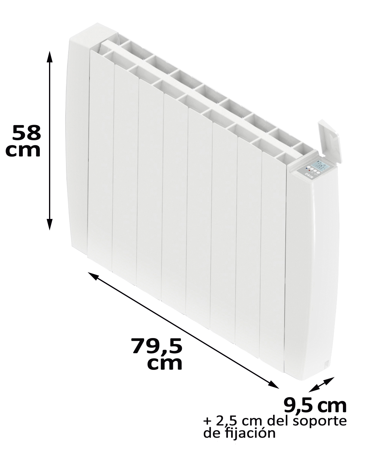 Un radiador blanco con dimensiones etiquetadas: 58cm, 79.5cm, 9.5cm.