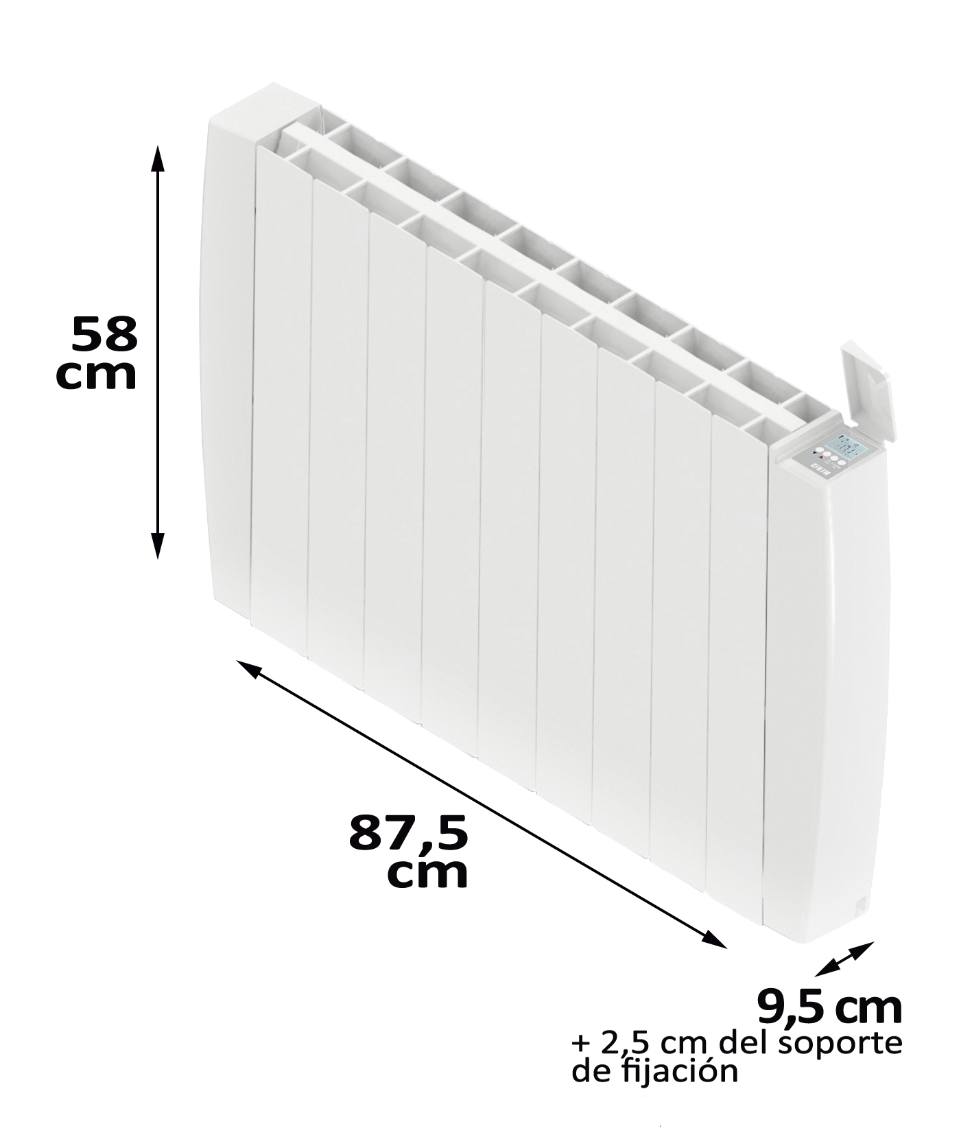 Radiador eléctrico blanco. Dimensiones: 58 cm alto, 87,5 cm ancho, 9,5 cm profundo.