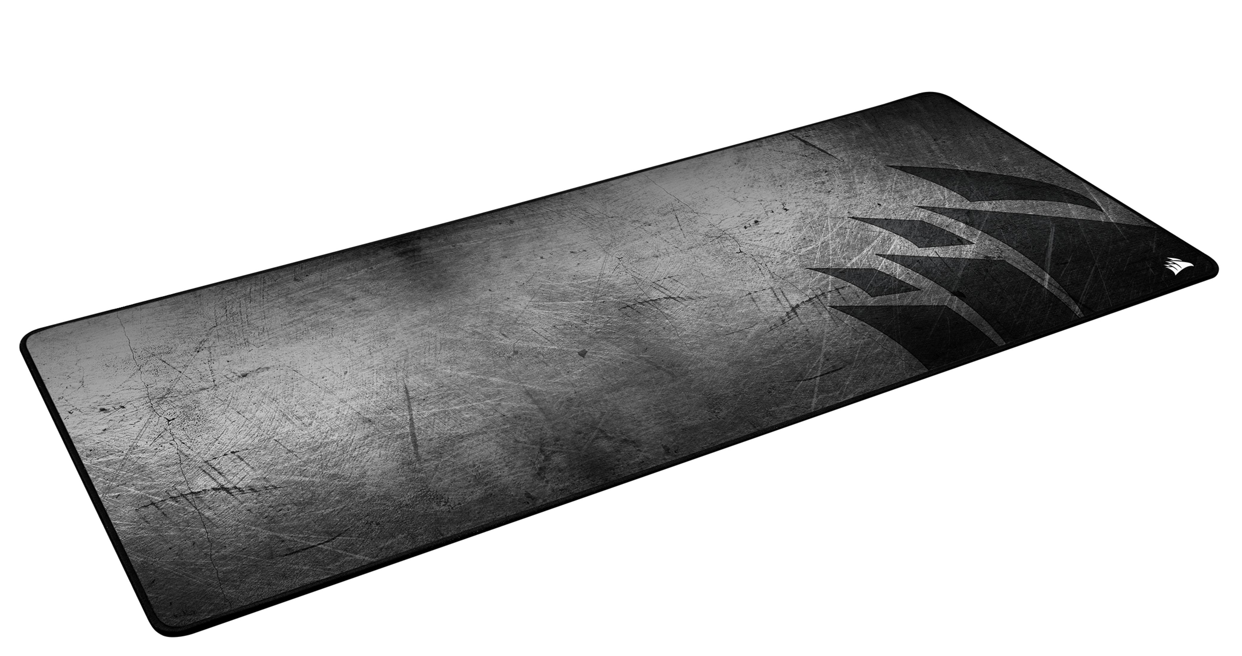 Czarna i szara podkładka pod mysz z logo Corsair na białym tle.