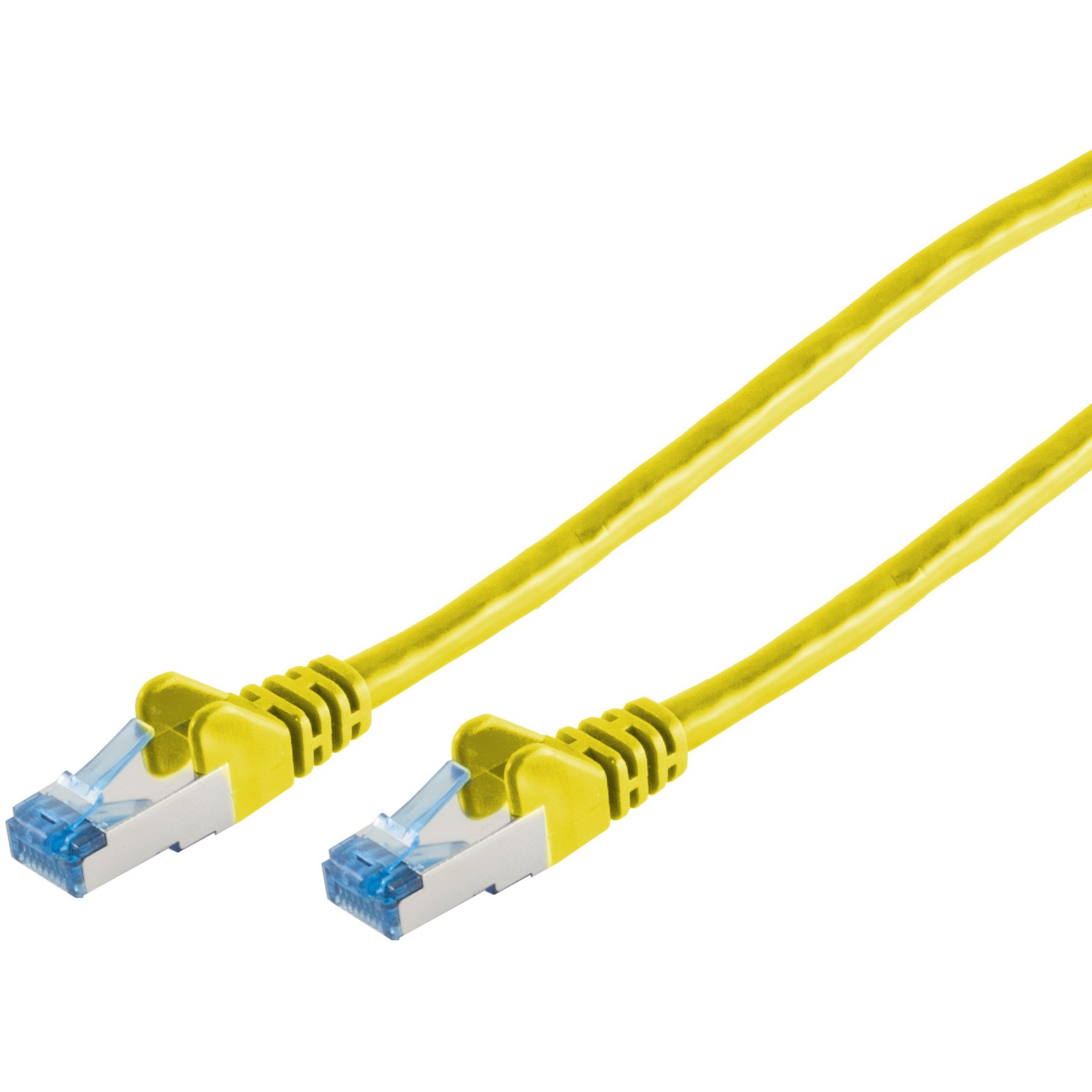Żółty kabel Ethernet z niebieskimi i srebrnymi złączami, leżący na białym tle.