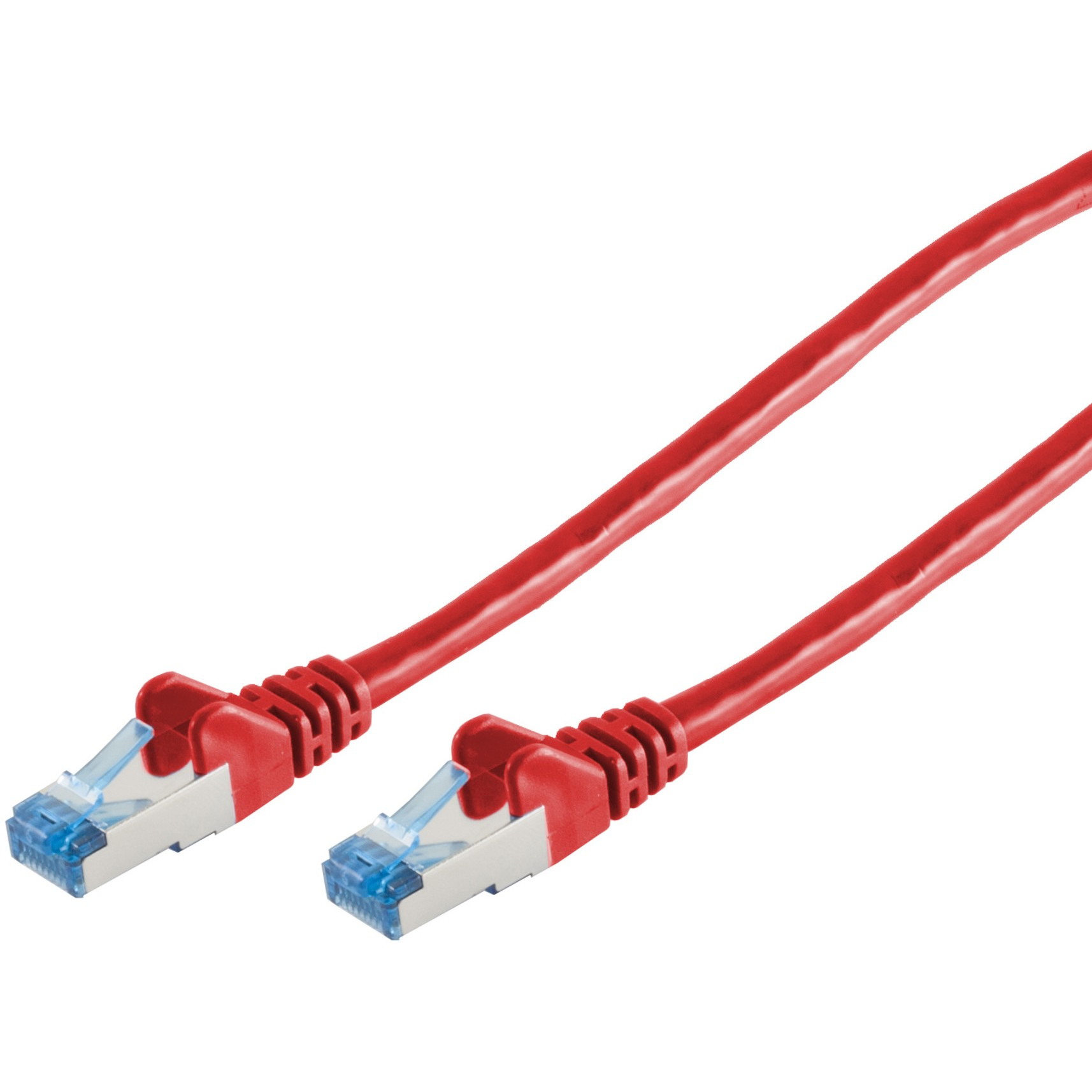 Czerwony kabel Ethernet z niebieskimi złączami na białym tle.
