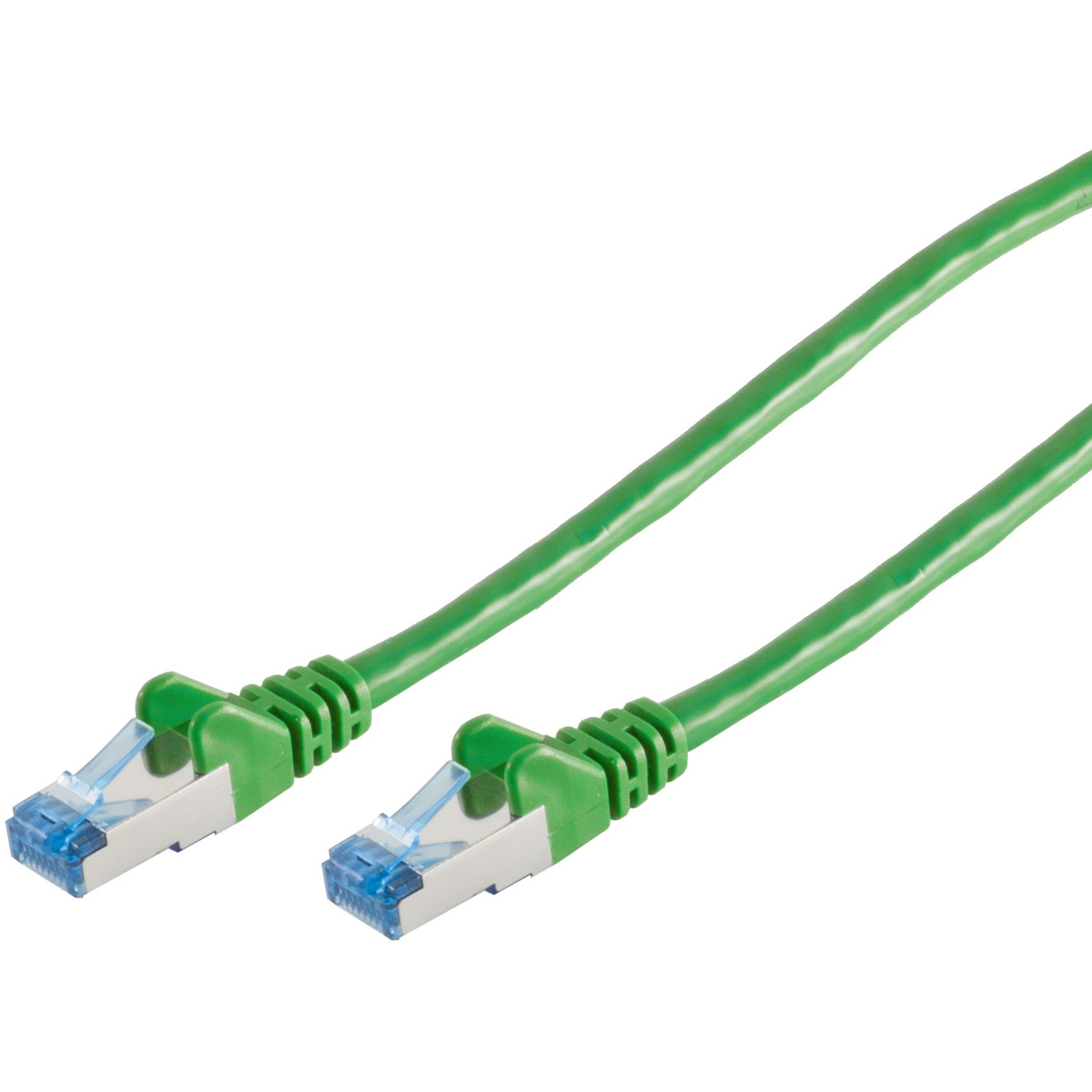 Dwa zielone kable Ethernet z złączami. Białe tło. Kable są ustawione pod kątem od lewej góry.